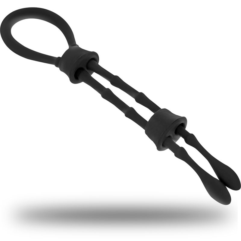 Anneau noir en silicone avec deux cordons réglables et embouts en goutte.
