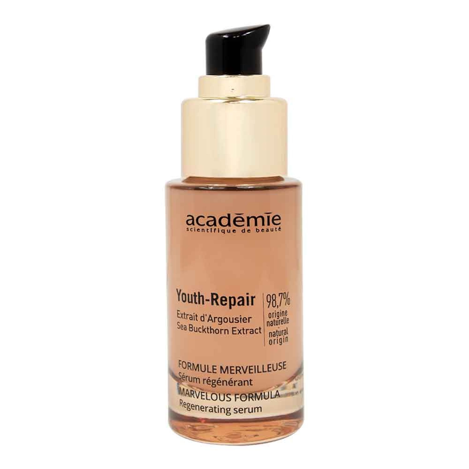 Bruine Académie Youth-Repair fles met zwarte pomp. Tekst: Youth-Repair, Formule Merveilleuse, Regenerating serum. 98,7% natuurlijke oorsprong.
