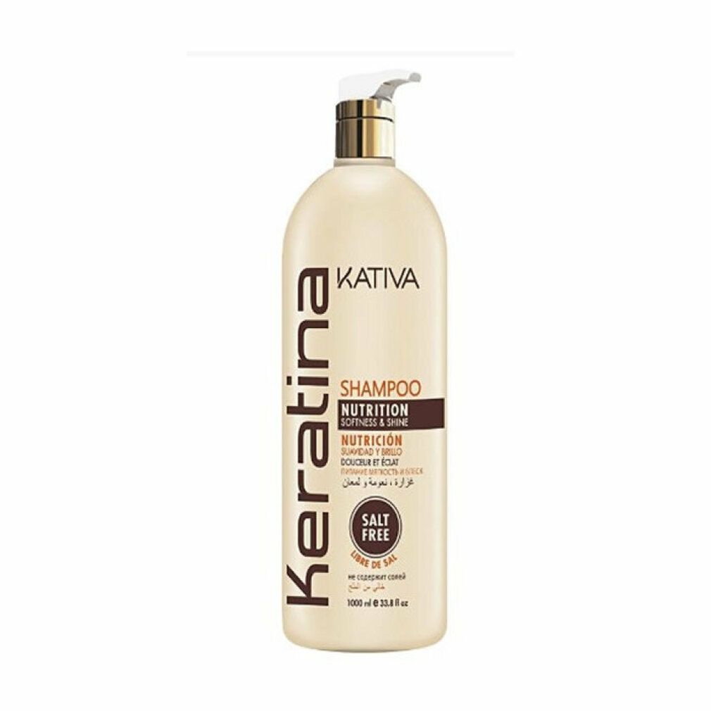 Beige shampoo fles met pomp. Opschrift: Kativa Keratina Shampoo, Nutrition, Softness & Shine. Zoutvrij.