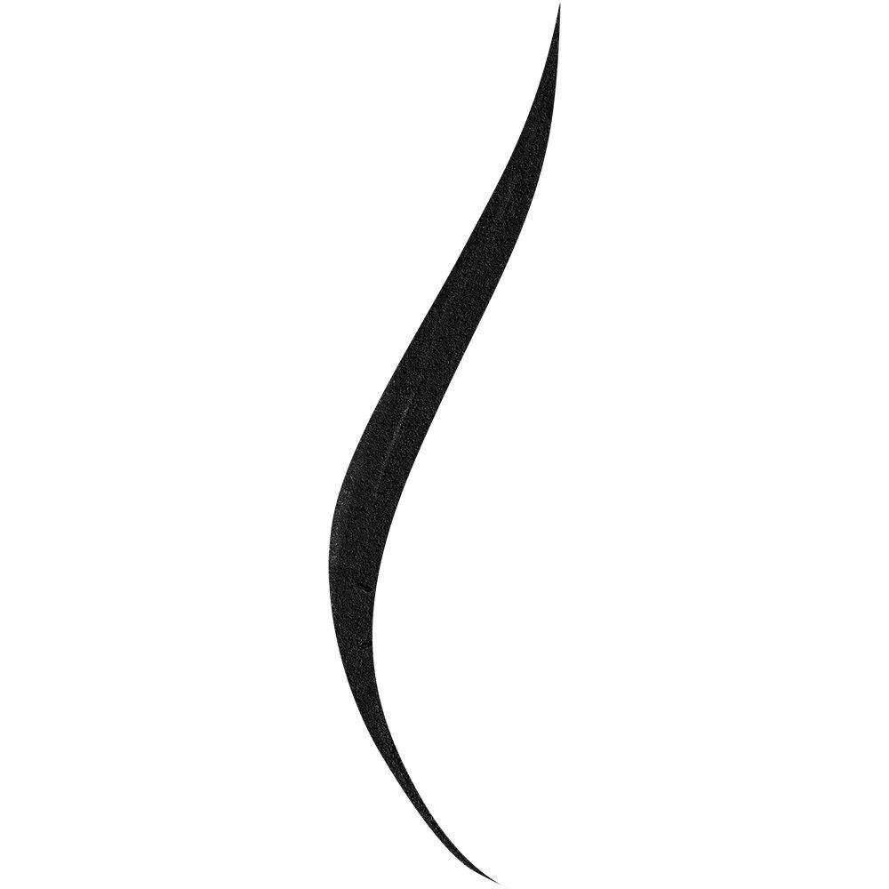 Trait d'eye-liner noir. Forme de feuille incurvée. Sur fond blanc.
