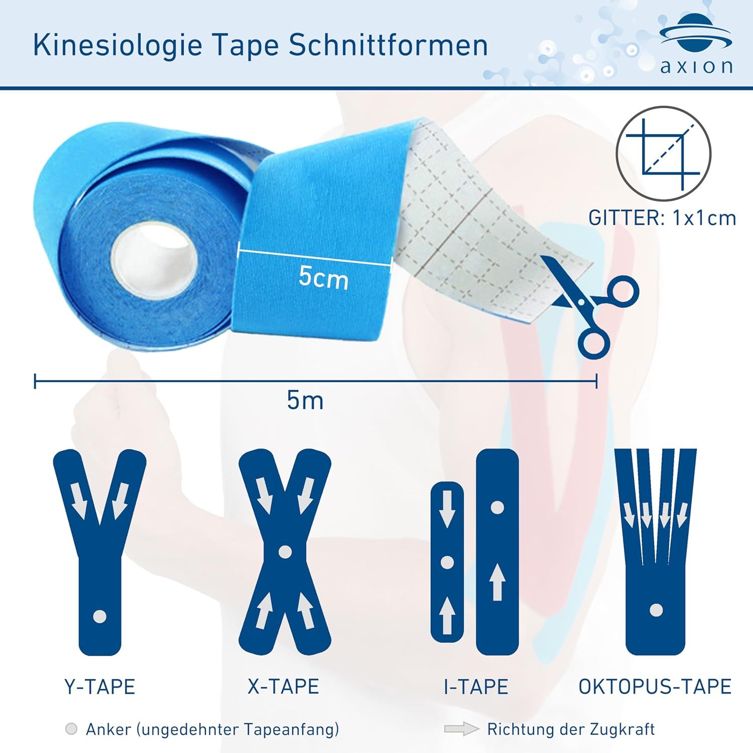 Blauwe kinesiotape, 5m lang, 5cm breed. Snijvormen: Y, X, I, Octopus. Schaar.