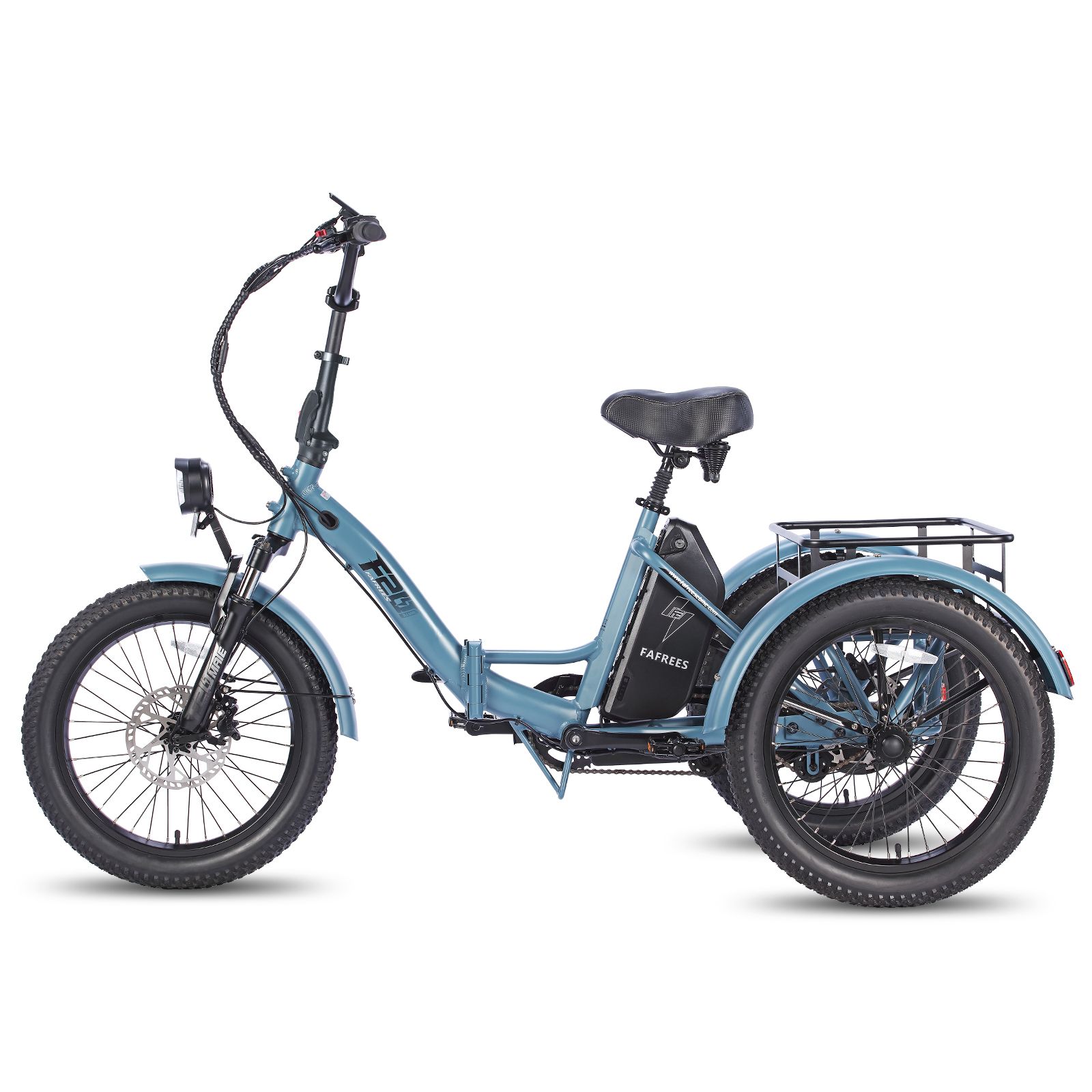 Tricycle électrique pliable Fafrees F20 Mate bleu. Pneus noirs, porte-bagages, phare. Boîtier batterie avec logo.