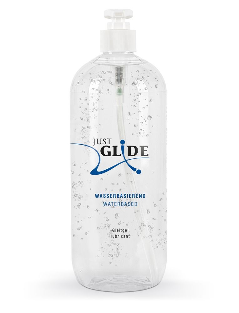 Transparante fles met pomp. Opschrift: JUST GLIDE, waterbasis, medische glijmiddel.