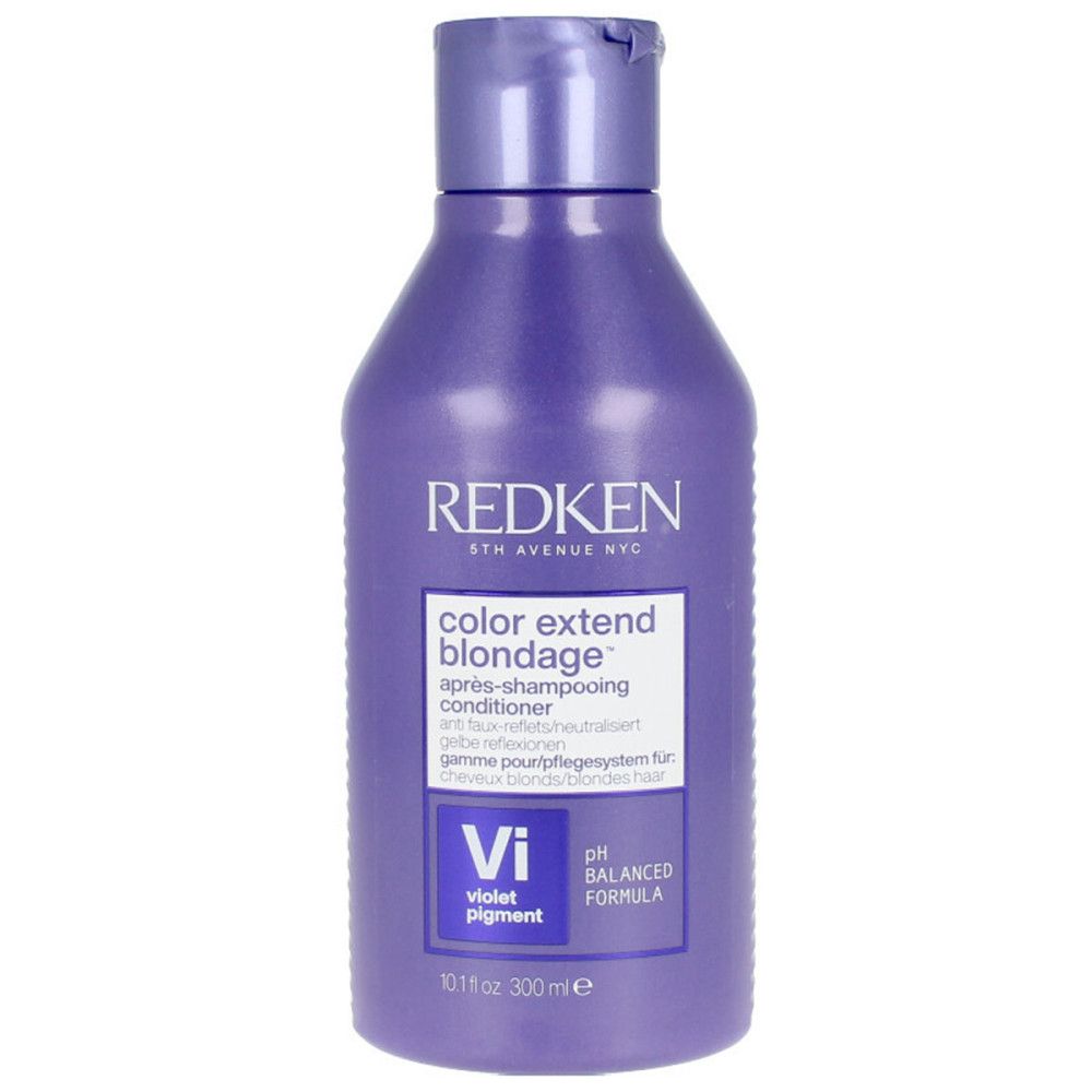 Paarse fles Redken Color Extend Blondage Conditioner. Tekst en logo. 300ml.