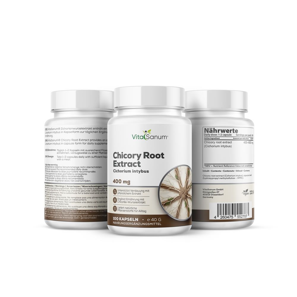 Drie witte flessen VitaSanum® Cichoreiwortel Extract. Opschrift: 400 mg, 100 capsules, voedingssupplement. Productafbeelding.
