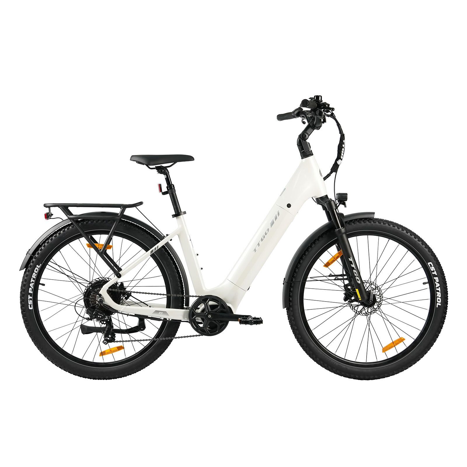 Vélo électrique blanc avec pneus noirs. Porte-bagages, garde-boue et freins à disque hydrauliques. Détails noirs.