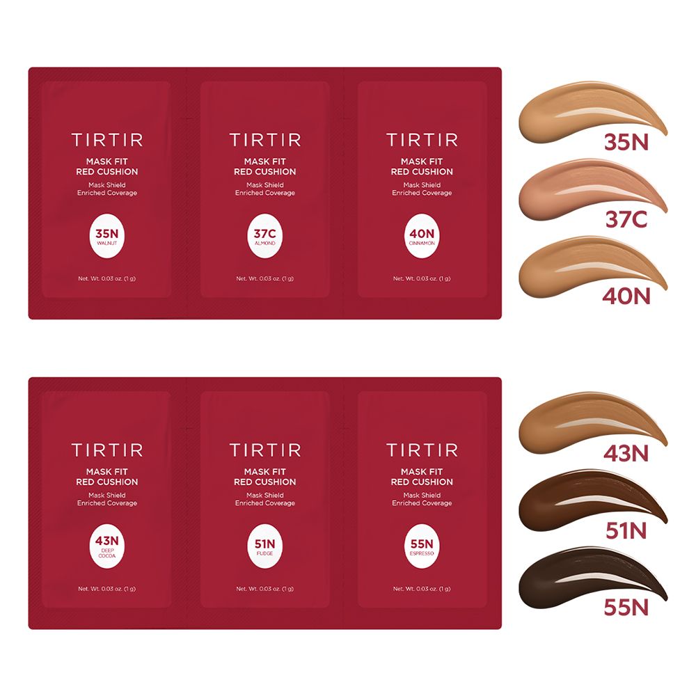 TIRTIR Mask Fit Red Cushion samples met tinten. Tinten: 35N, 37C, 40N, 43N, 51N, 55N. Enriched Coverage.