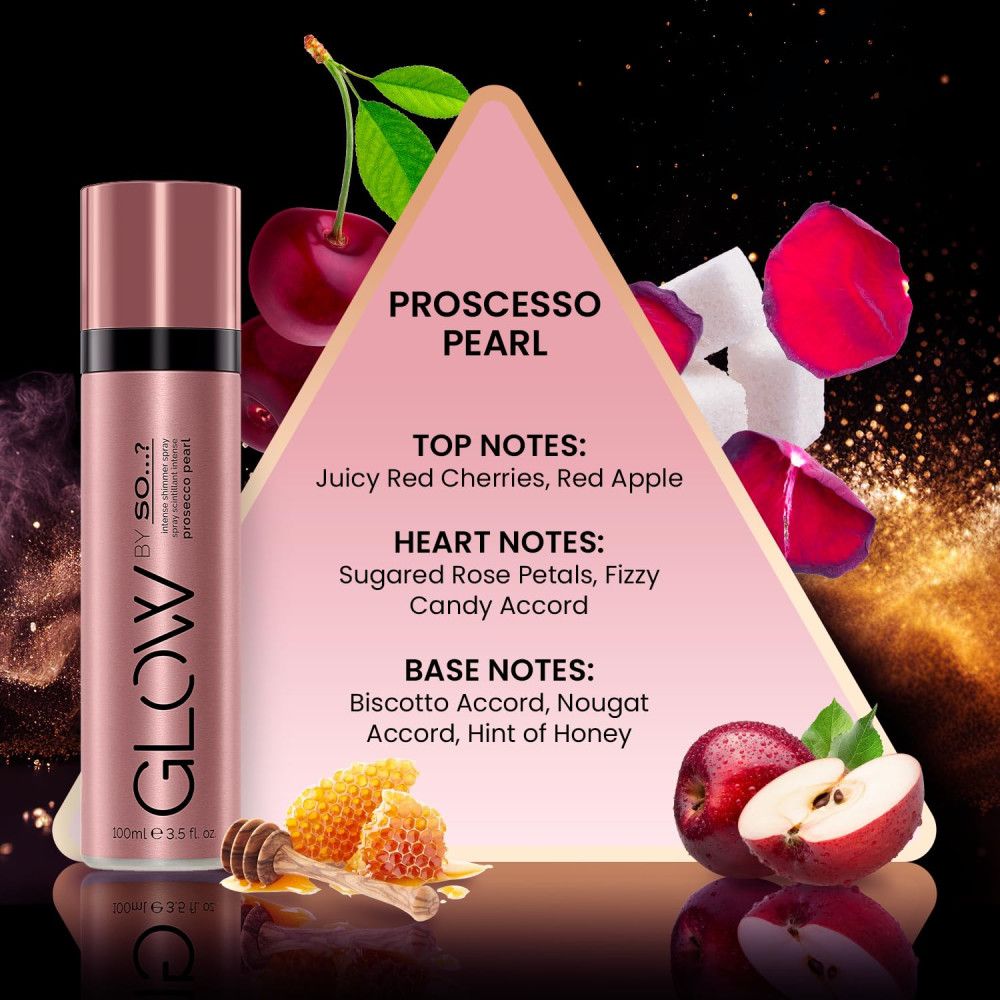 Flacon de brume rose à côté du texte. Inscription : GLOW BY SO...? Prosecco Pearl. Texte : notes de parfum, ingrédients.