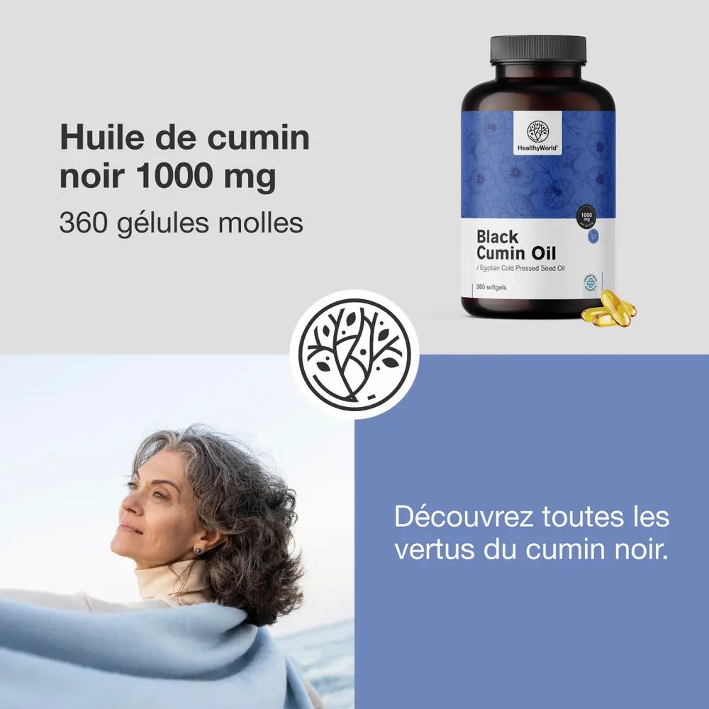 Flacon de produit avec gélules. Texte: Huile de cumin noir 1000 mg, 360 gélules molles. Cases à cocher: forte concentration, qualité supérieure. Offre.