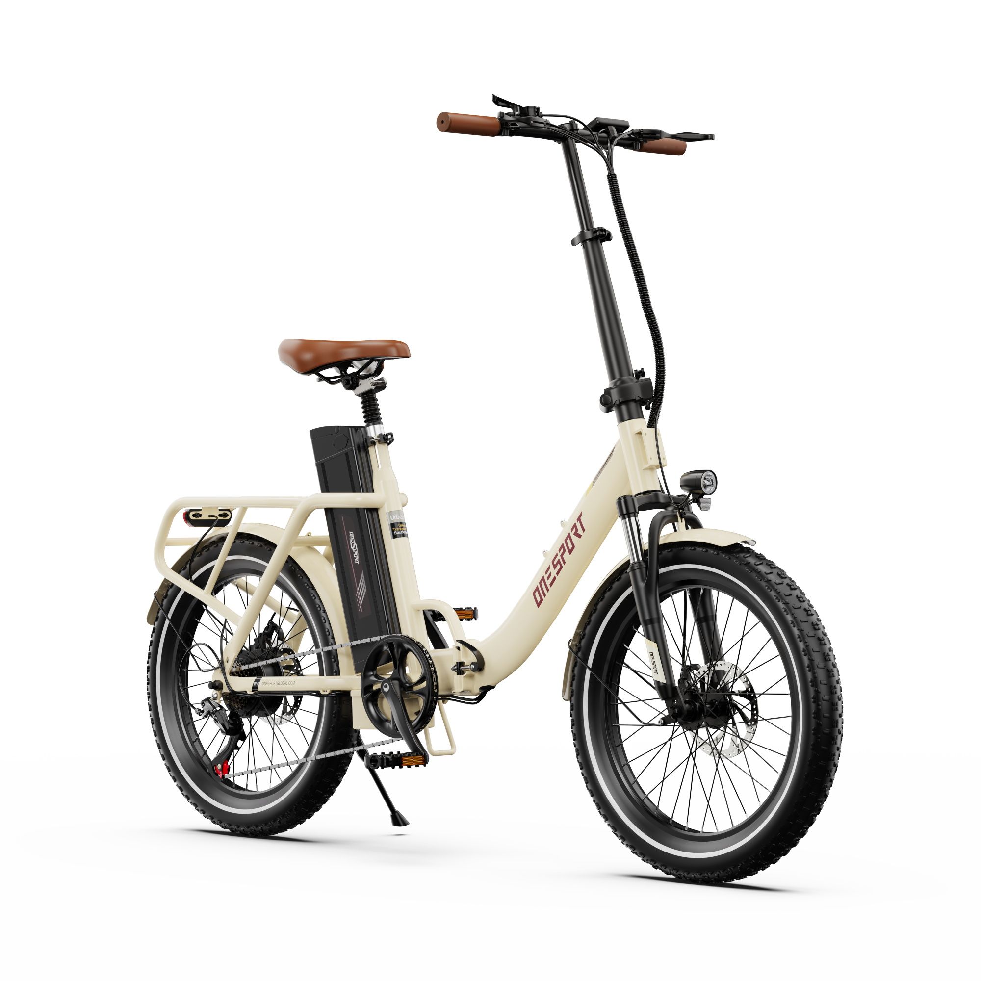 Vélo électrique beige, selle et guidon marron. Logo ONESPORT. Pneus noirs et batterie.