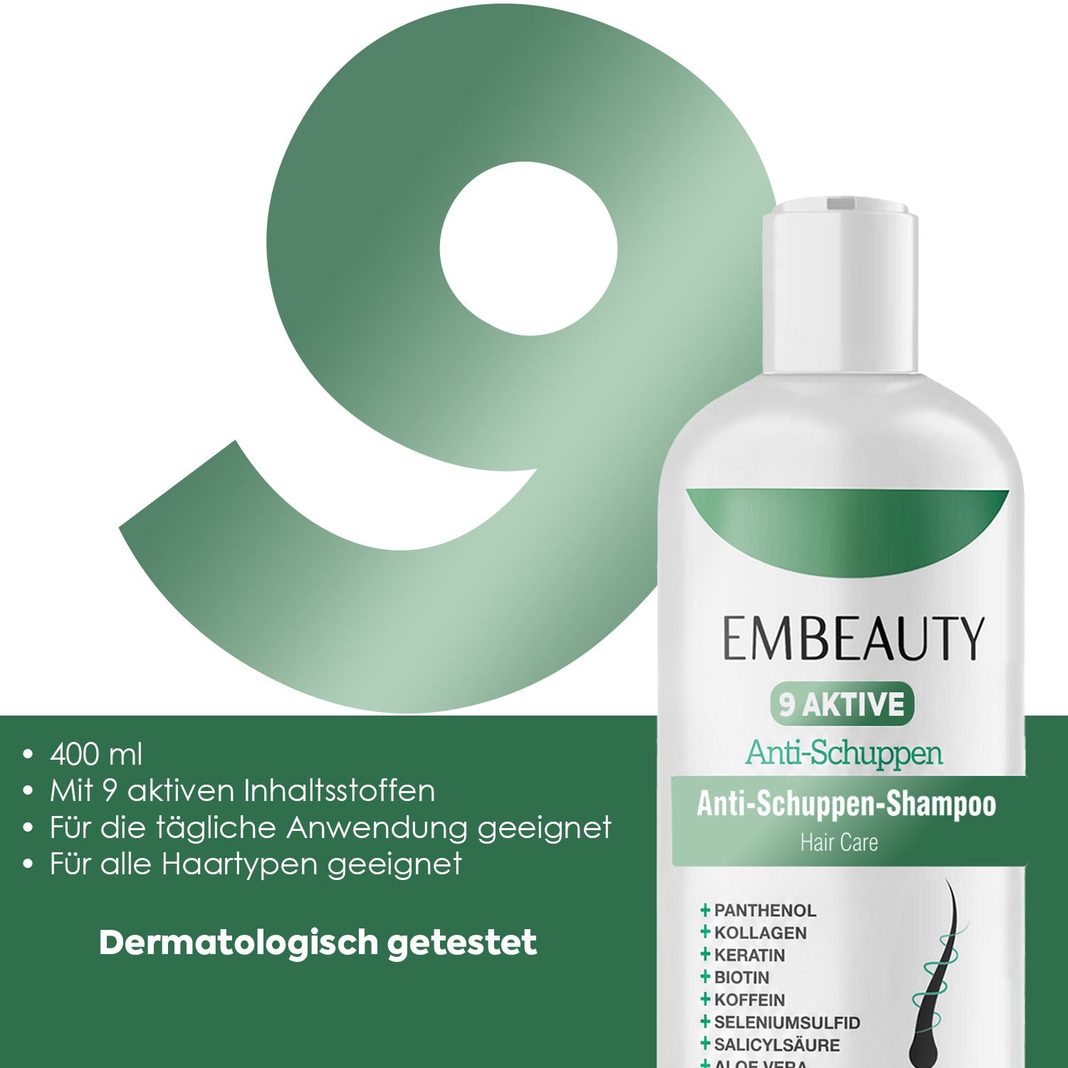 Embeauty 9 Anti-roos Shampoo, 400 ml, met 9 actieve ingrediënten, dermatologisch getest.