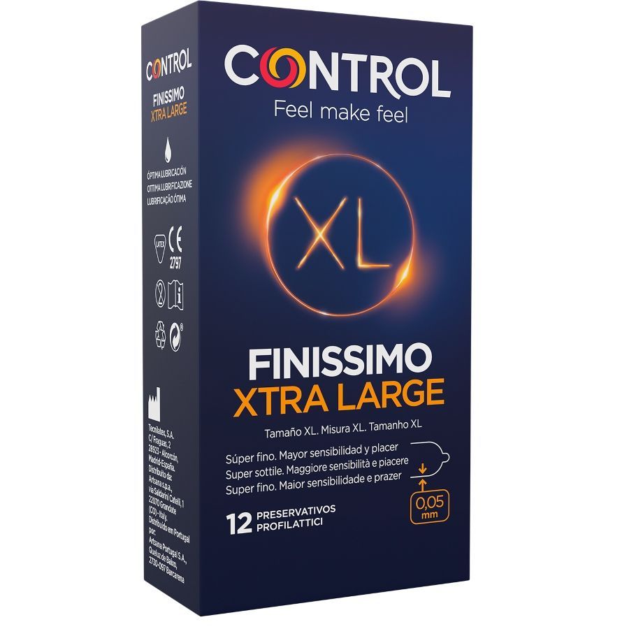 Donkerblauwe doos met "CONTROL Finissimo Xtra Large". Bevat 12 condooms. XL-maat, 0,05 mm. Merk CONTROL.