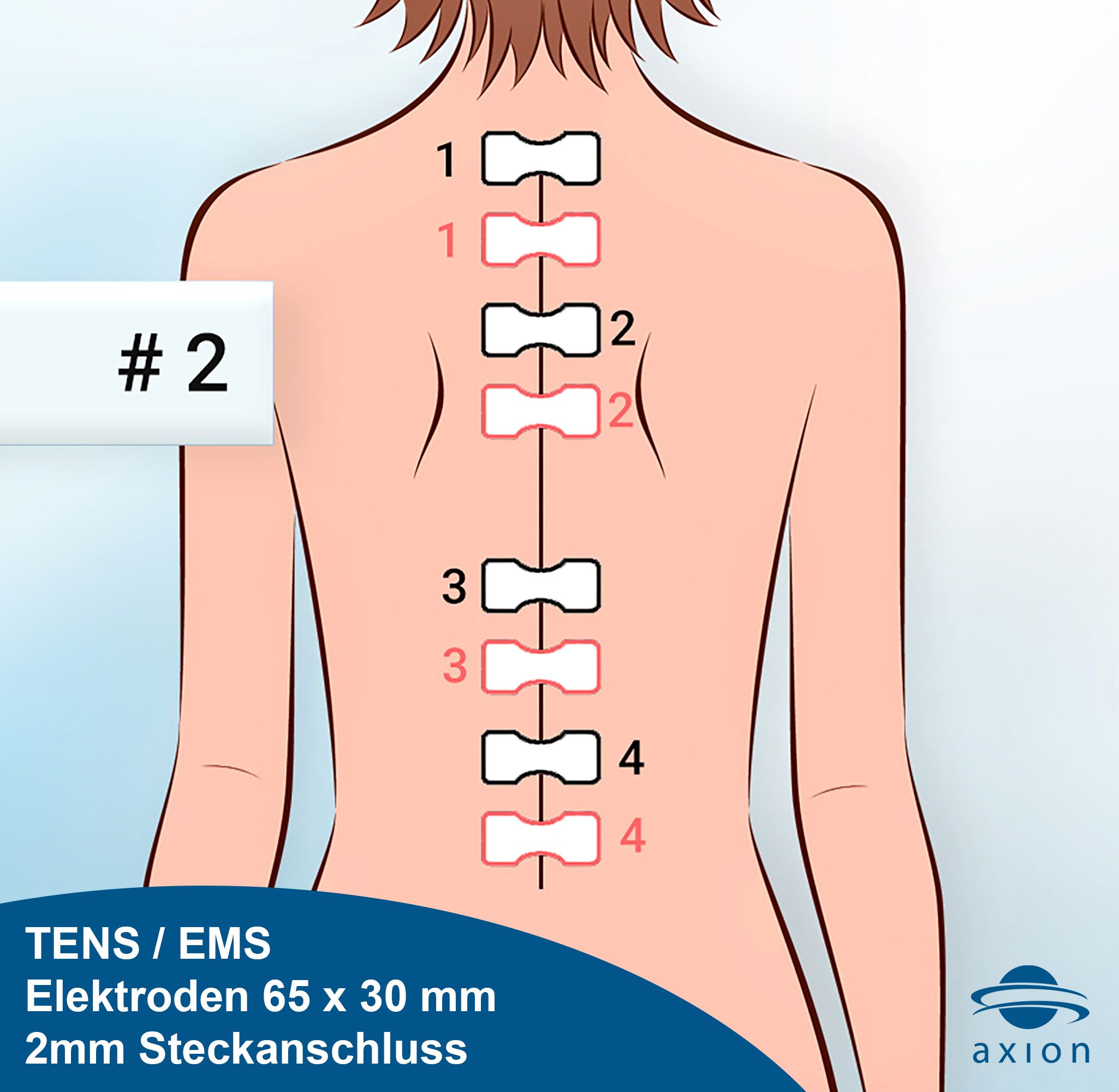 Rug met acht elektrodenpads. Rechthoekige vorm. Witte oppervlakte. Tekst: TENS/EMS Elektroden 65 x 30 mm 2mm Steckanschluss. axion logo.