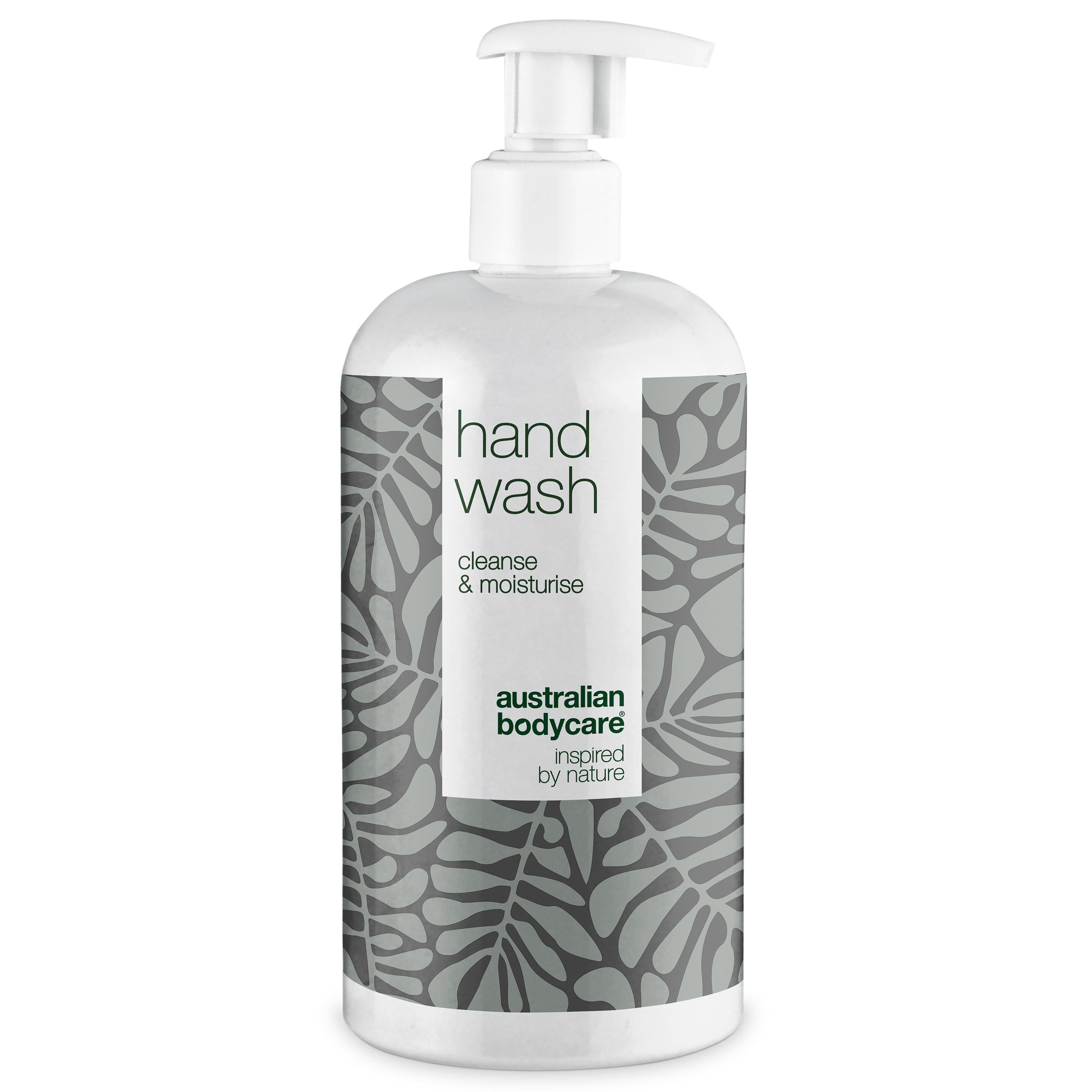 Witte handzeepfles met pomp. Opschrift: Hand Wash, cleanse & moisturise. Logo: Australian Bodycare.