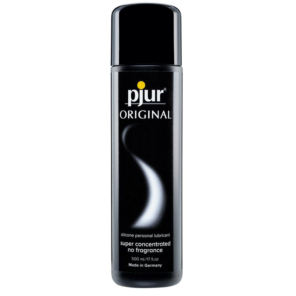 Zwarte fles met zwarte dop. Opschrift: pjur ORIGINAL. Tekst: silicone personal lubricant super concentrated no fragrance. 500 ml.
