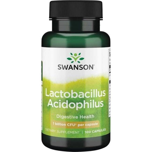 Groene fles met zwarte dop. Opschrift: SWANSON Lactobacillus Acidophilus, 1 miljard KVE, 100 capsules.