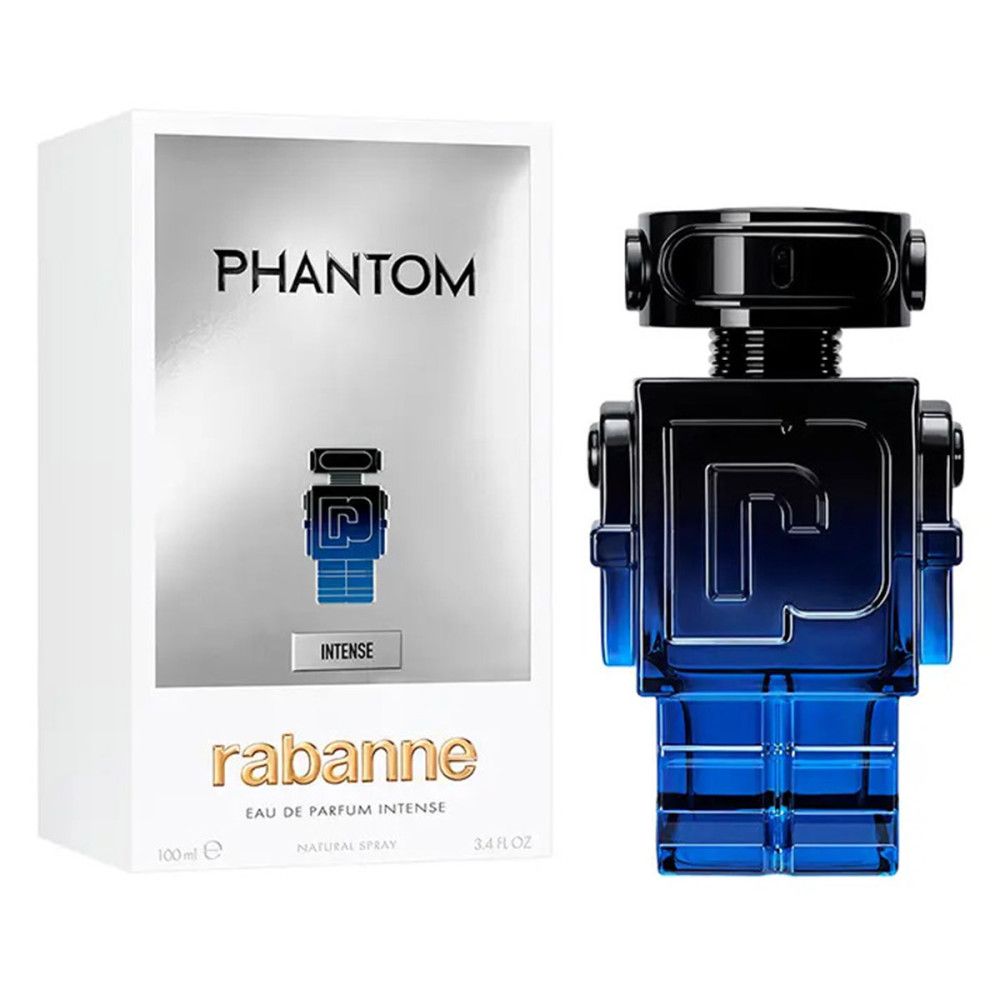Flacon bleu-noir en forme de robot et emballage. Inscription : Phantom Intense, Rabanne Eau de Parfum Intense.
