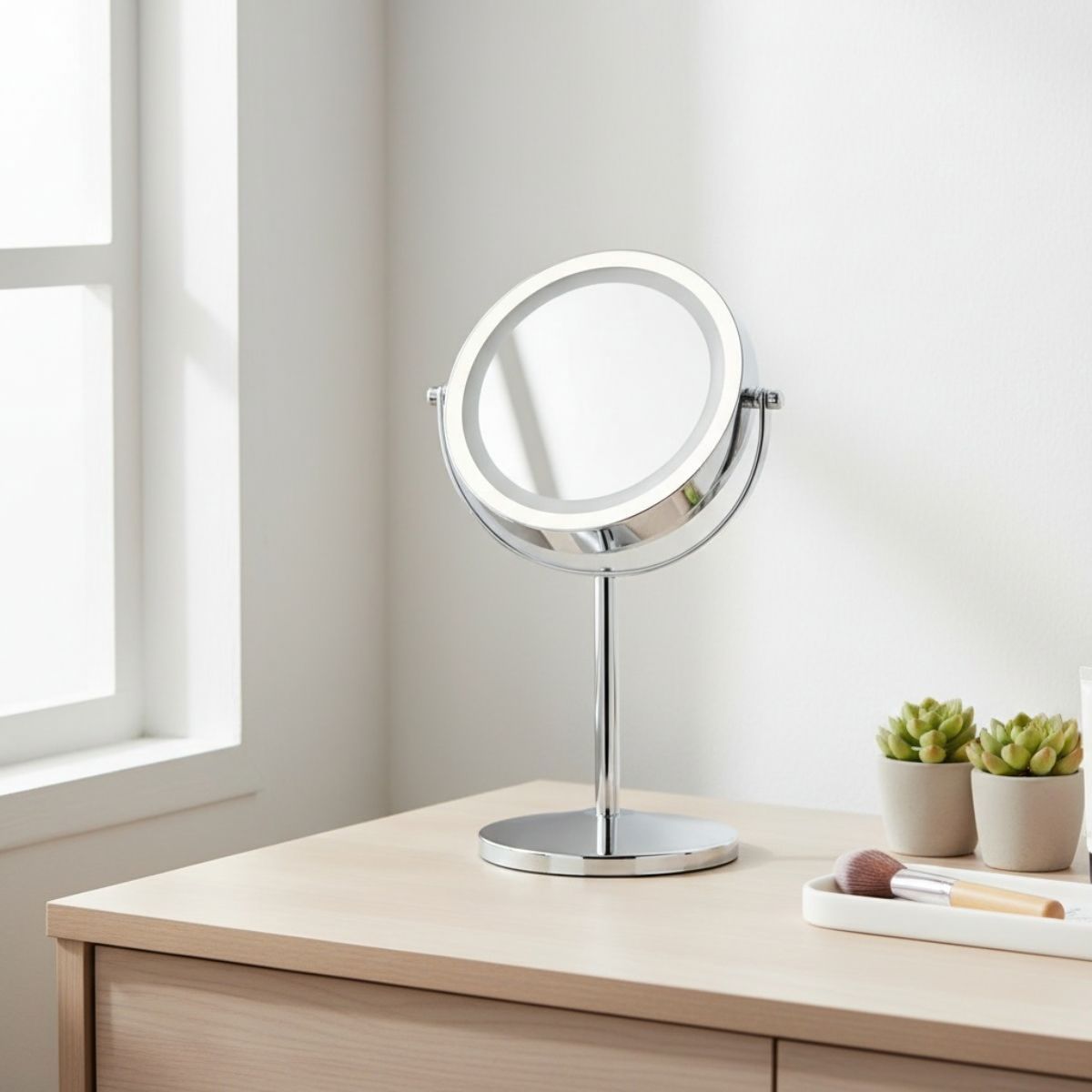 Miroir de maquillage éclairé avec anneau lumineux LED sur une table.