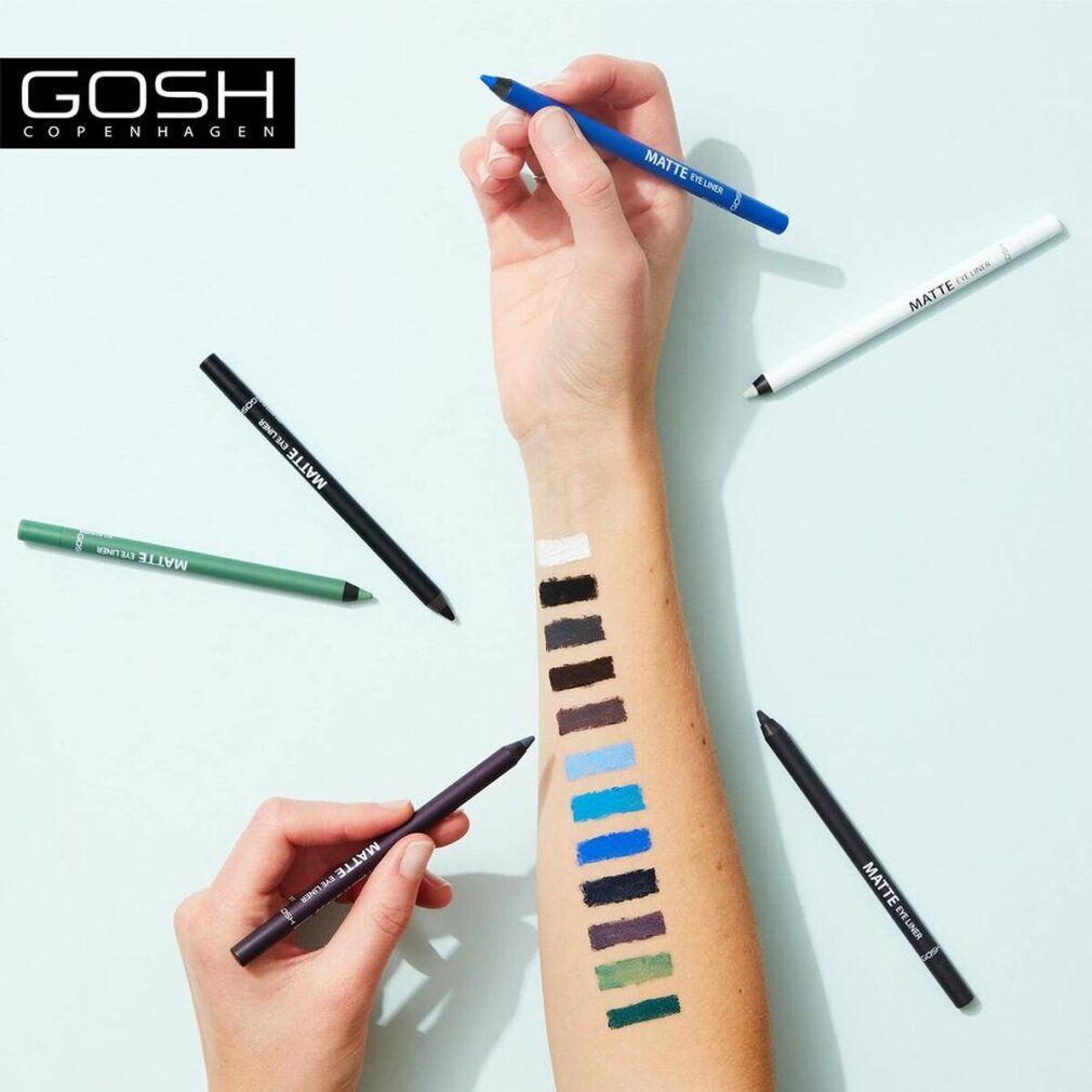 Bras avec échantillons de couleurs d'eye-liners. Plusieurs crayons eye-liner de différentes couleurs. Marque "GOSH".