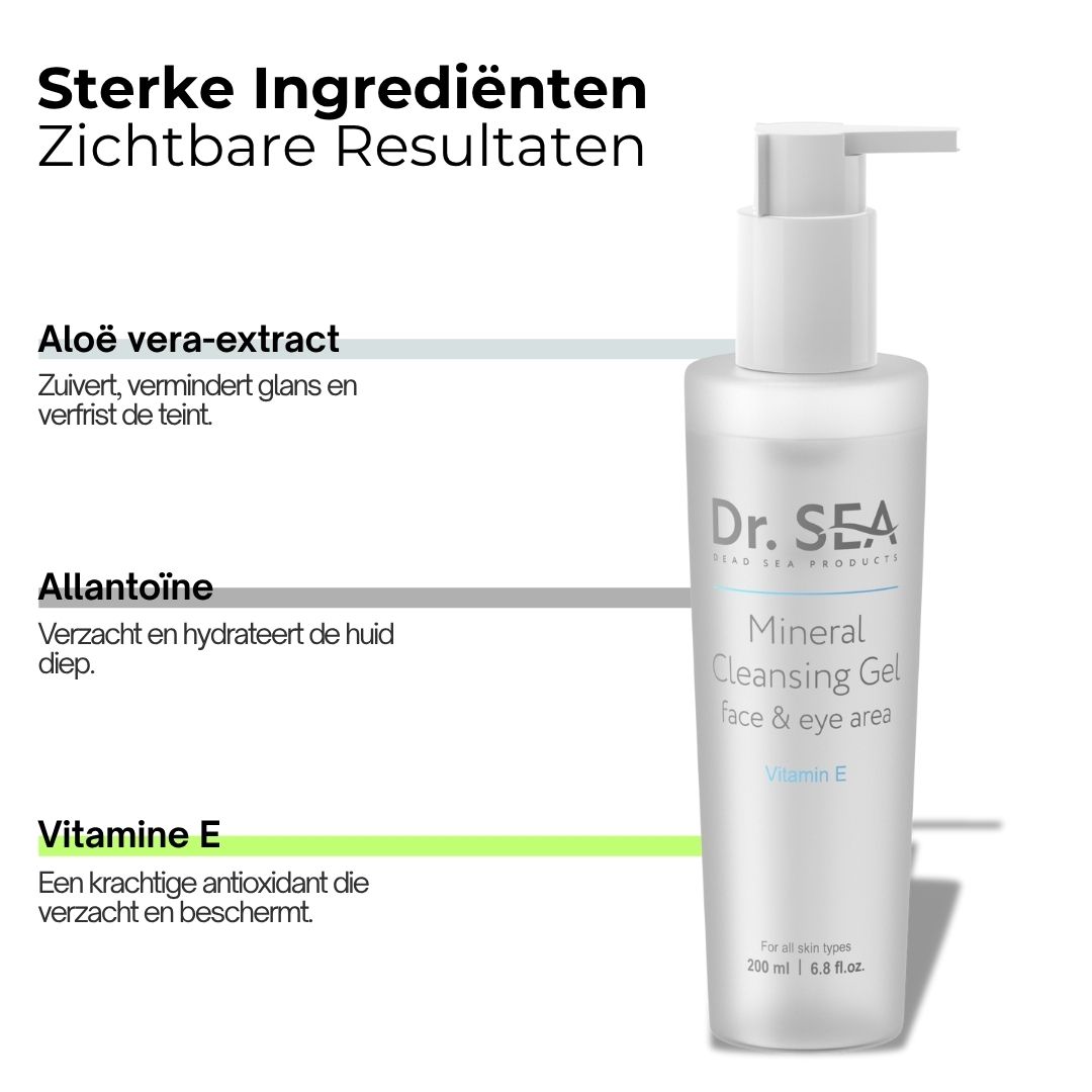 Productfles met tekst. Tekst: Sterke ingrediënten, zichtbare resultaten. Dr. Sea, Mineral Cleansing Gel, Face & eye area, Vitamine E.