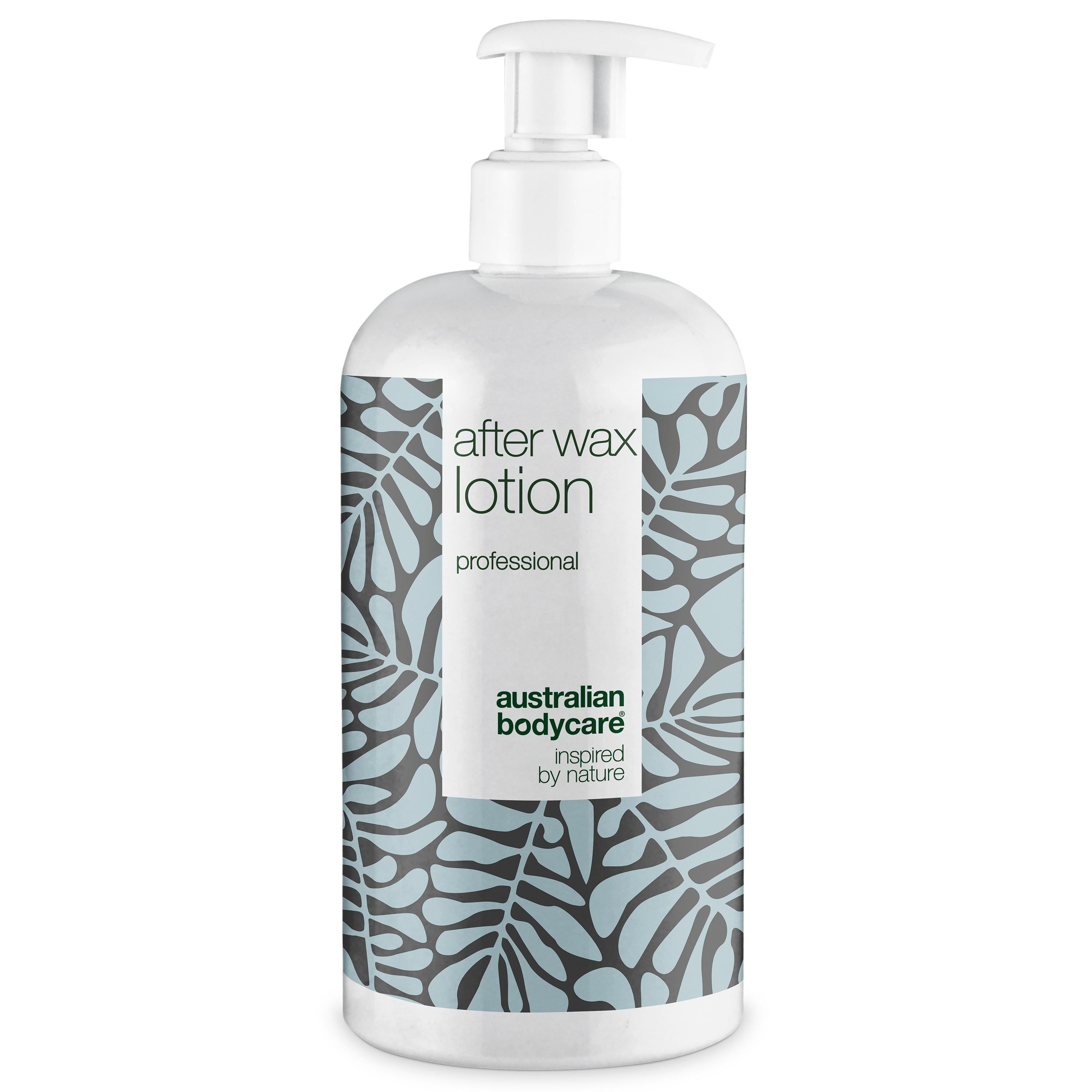 Witte fles met pomp. Opschrift: After Wax Lotion, professional. Blauw bladmotief en logo.