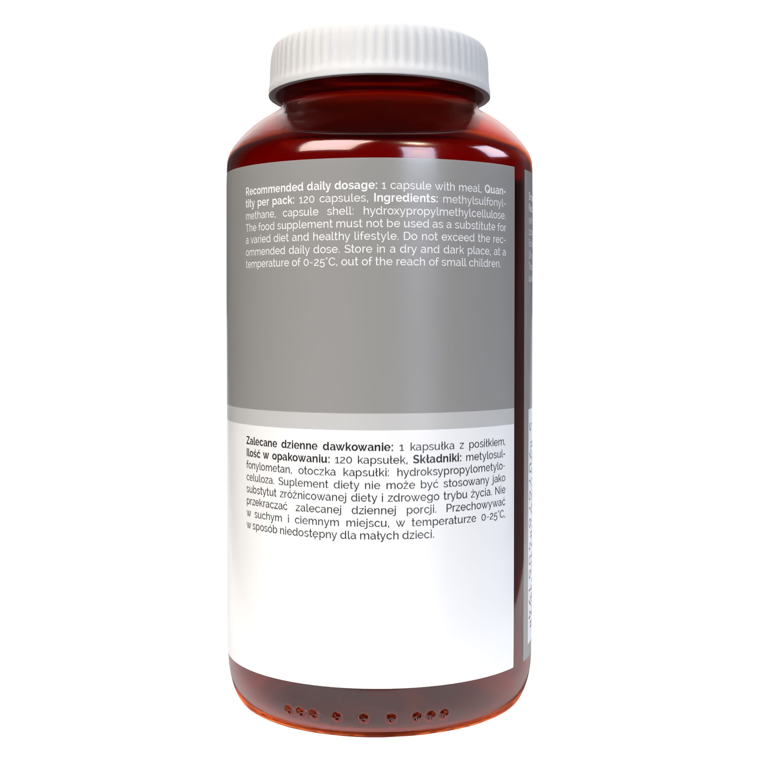 Arrière d'un flacon de gélules Vitaler's MSM avec étiquette et informations produit.
