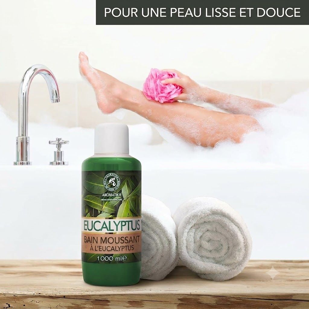 Bouteille verte de bain moussant à l'eucalyptus, 1000 ml. Deux serviettes roulées à côté.