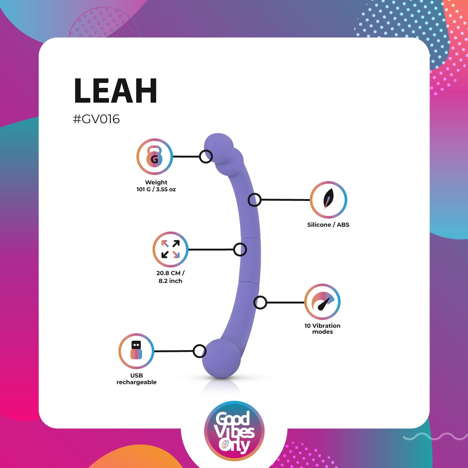 Infographic »Leah«. Paars product, afmetingen, gewicht, materiaal, vibratiemodi, USB-opladen. Logo »Good Vibes Only«.
