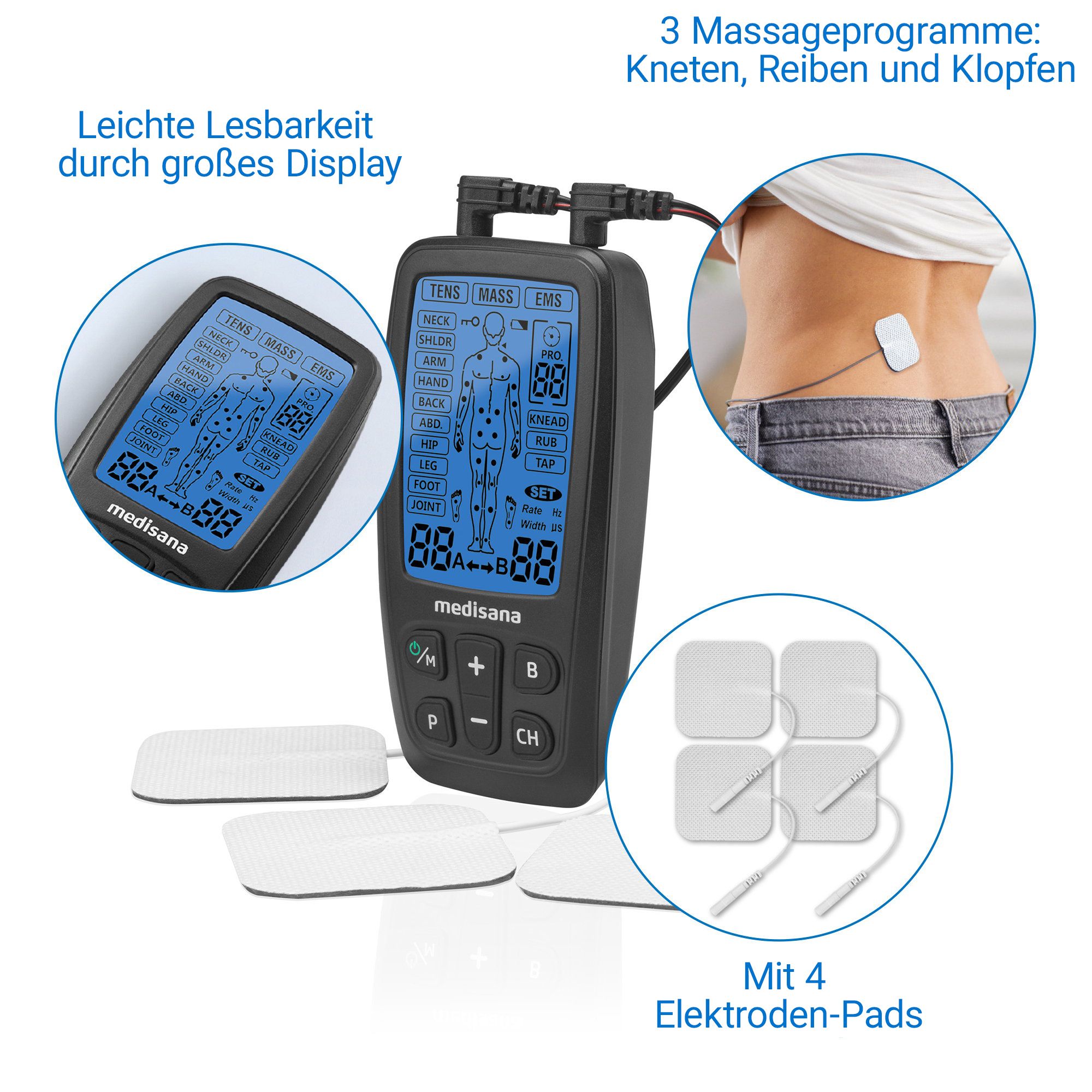 Medisana TT 205 TENS/EMS apparaat met 4 elektrodepads. Display toont lichaamszones.