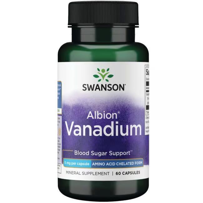 Flacon vert avec bouchon noir. Étiquette avec nom du produit: Albion Vanadium. Marque: SWANSON. 60 gélules.