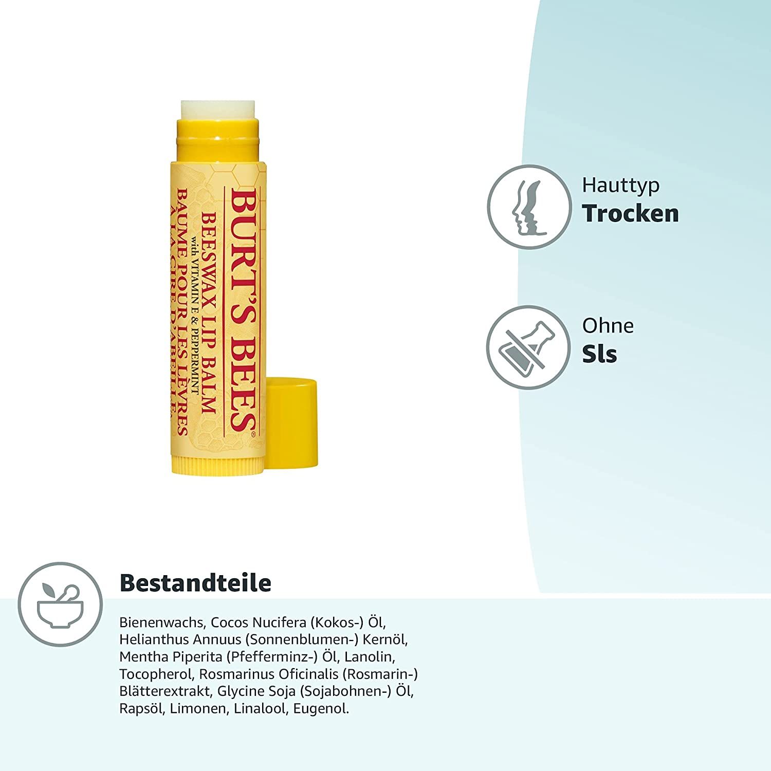 Stick de baume à lèvres avec bouchon ouvert. Inscription : BURT'S BEES, Baume pour les lèvres à la cire d'abeille. Informations supplémentaires.
