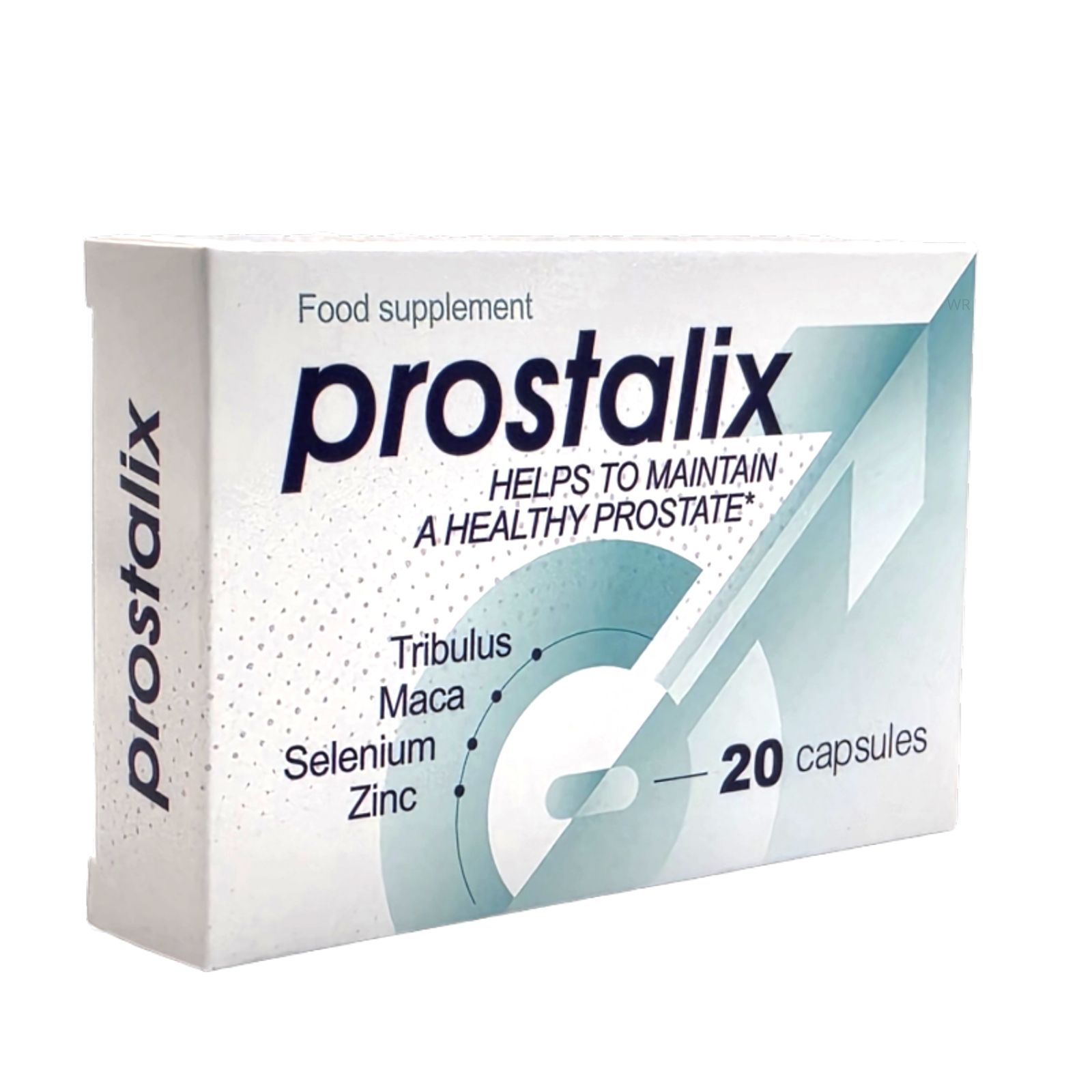Emballage de 20 gélules Prostalix, contient Tribulus, Maca, Sélénium, Zinc.
