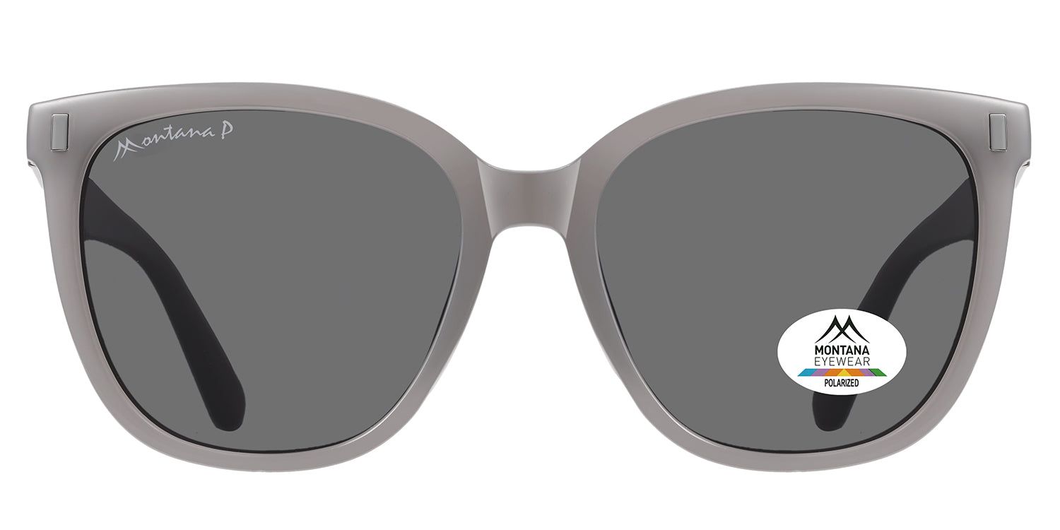 Lunettes de soleil grises avec verres foncés. Logo Montana Eyewear sur la monture. Autocollant polarisé sur le verre.