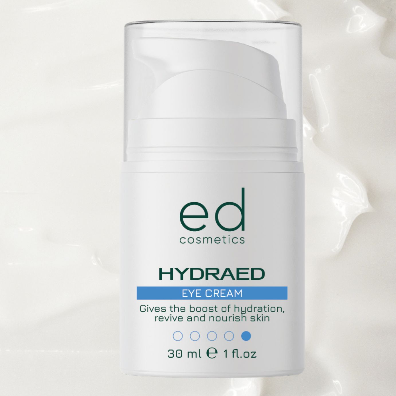 Witte oogcrèmefles met pomp. Opschrift: "ed cosmetics HYDRAED EYE CREAM". 30 ml.