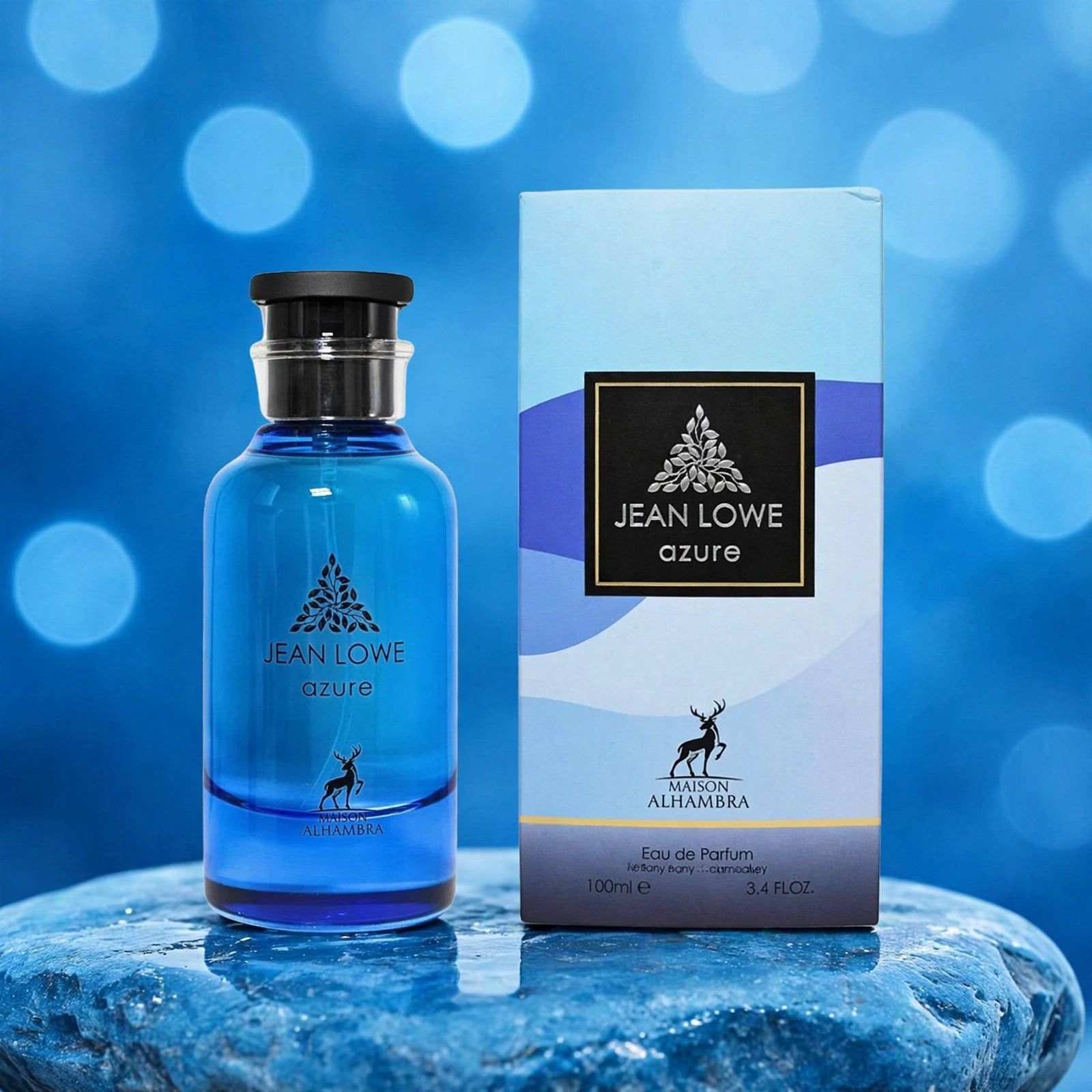 Jean Lowe Azure Eau de Parfum, 100ml, in een blauwe glazen fles met zilveren etiket en doos.