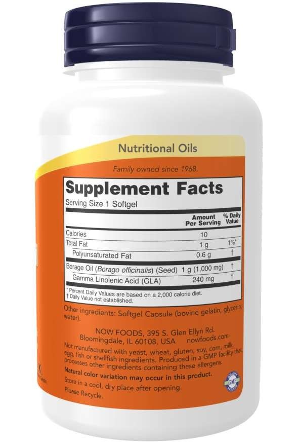 Dos du flacon. Affiche les informations nutritionnelles de l'huile de bourrache. Contient 10 mg de calories par gélule.
