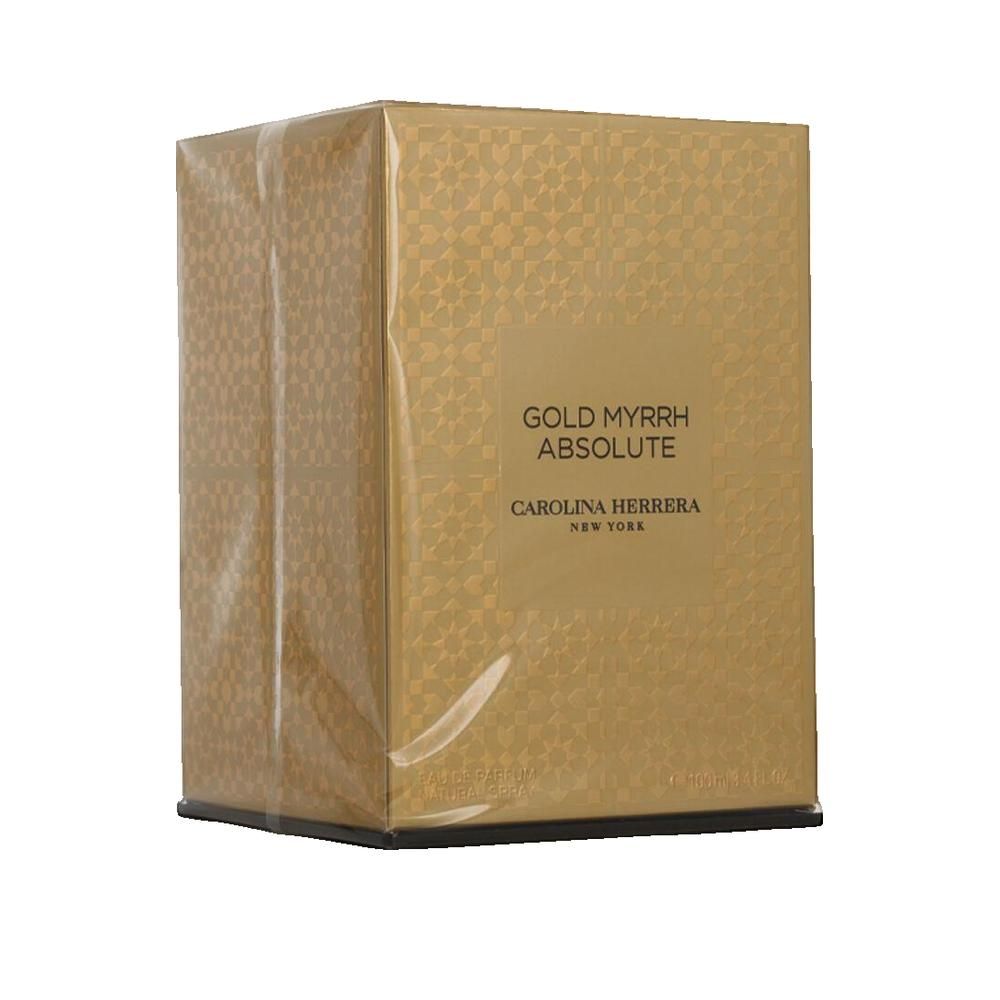 Gouden doos met productnaam en merknaam. Verpakt in transparante folie.