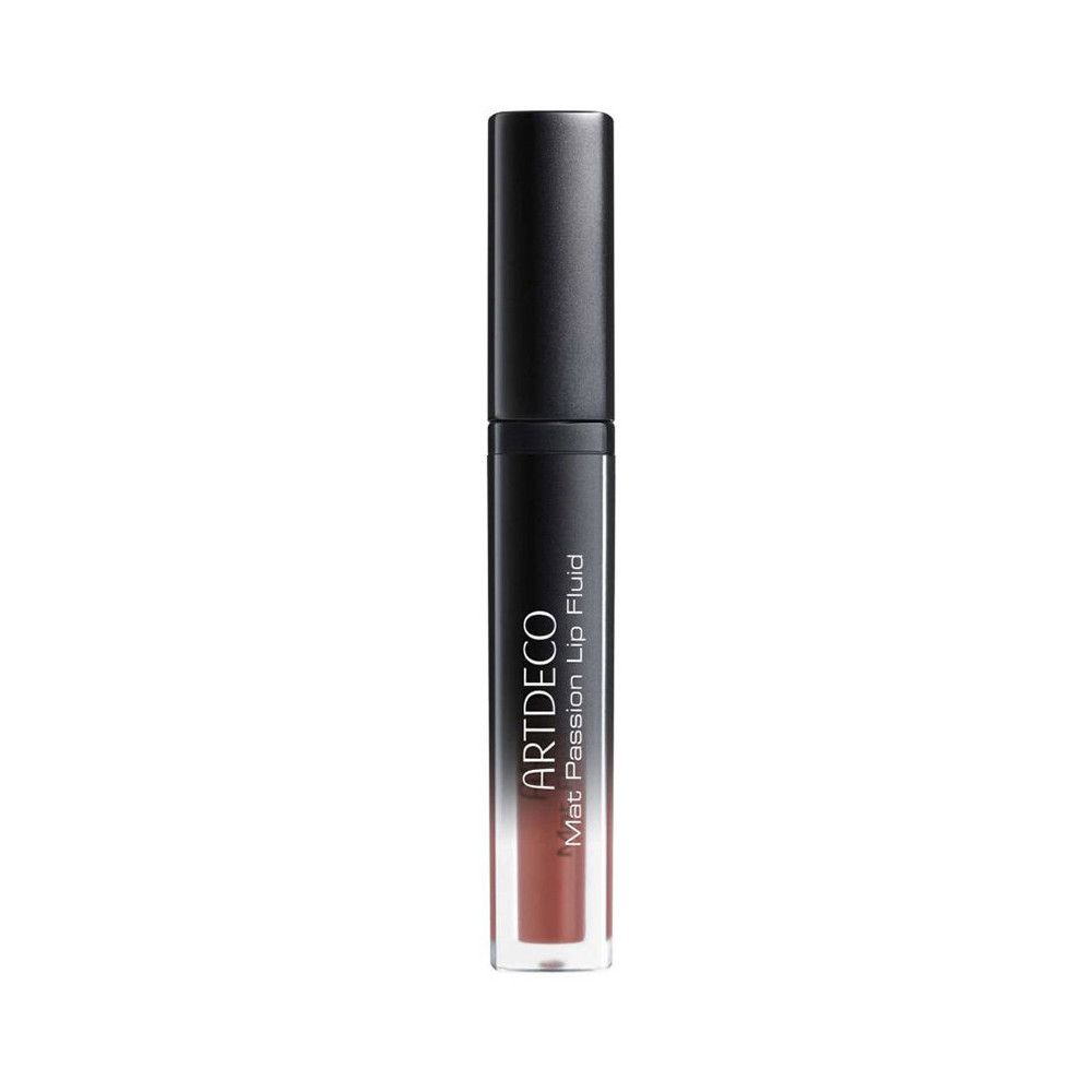Artdeco Mat Passion Lip Fluid. Zwarte dop, transparante huls met roze inhoud. Productlabel.