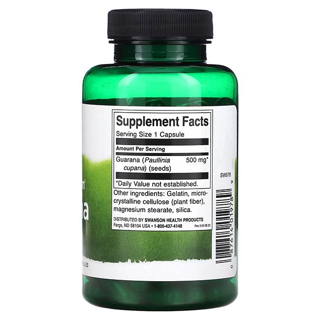 Flacon vert avec bouchon noir. Dos avec "Supplement Facts". Contient "Guarana (Paullinia cupana) (seeds)".
