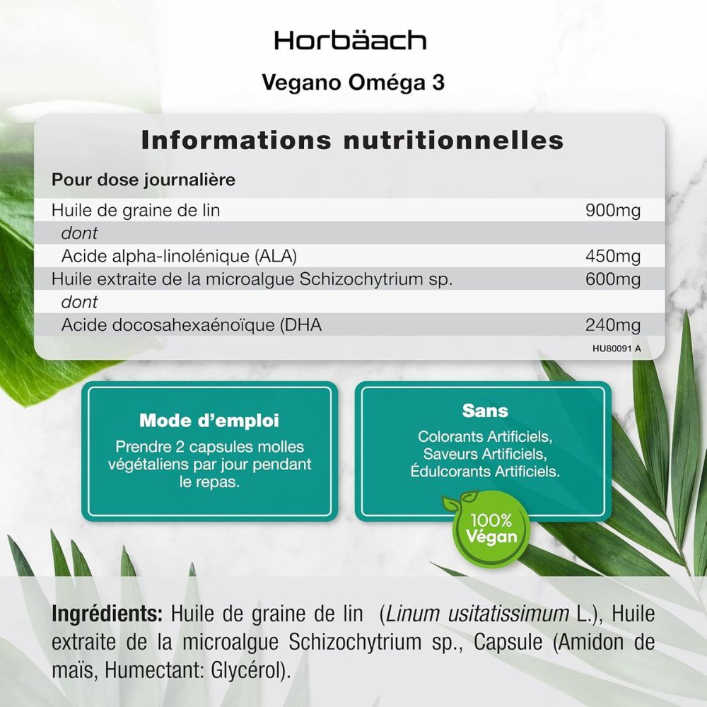 Informations nutritionnelles. Texte: Huile de lin, Acide alpha-linolénique, Huile de microalgues, DHA.