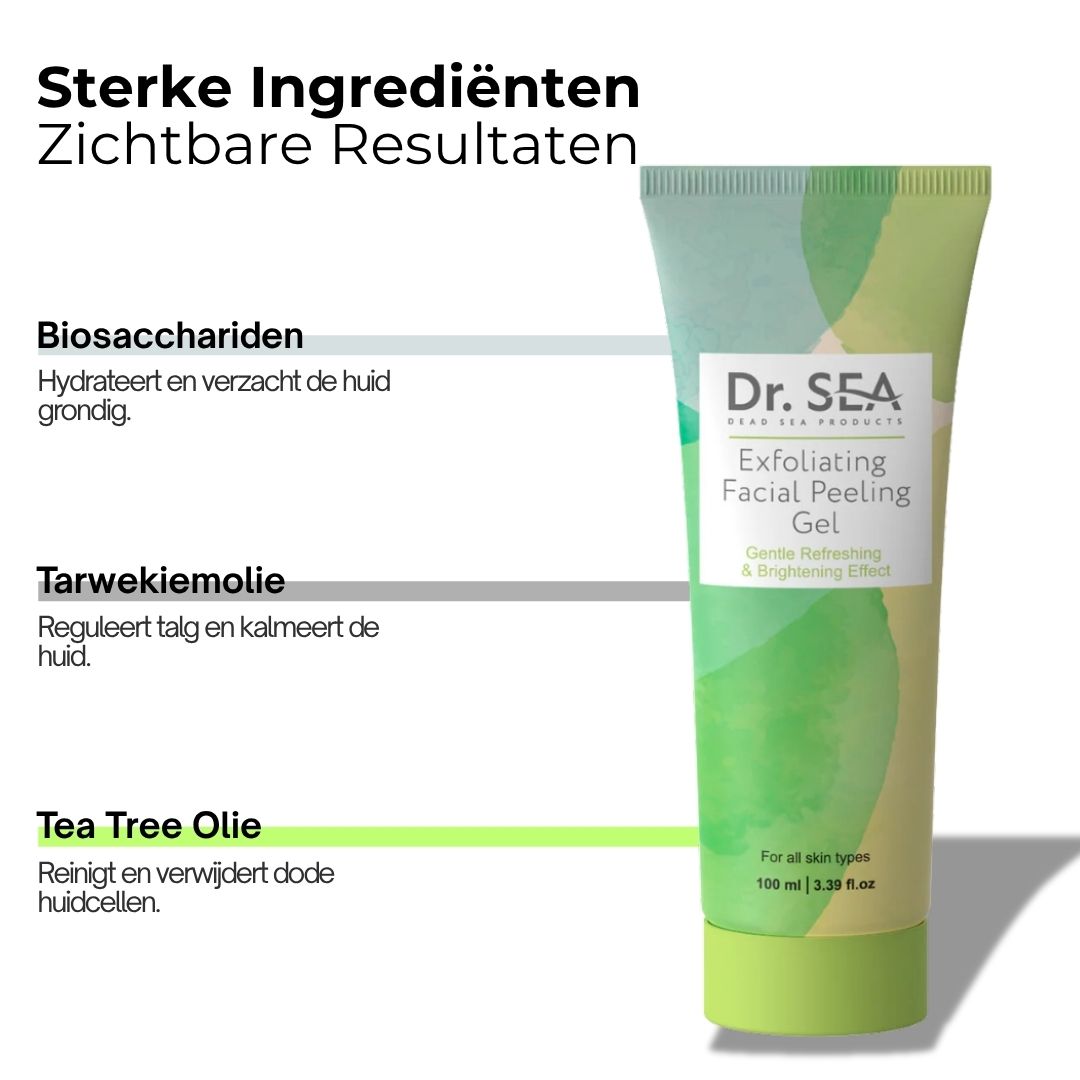 Gel tube met tekst. Opschrift: Dr. SEA, Exfoliërende gezichtspeeling. Met ingrediënten.