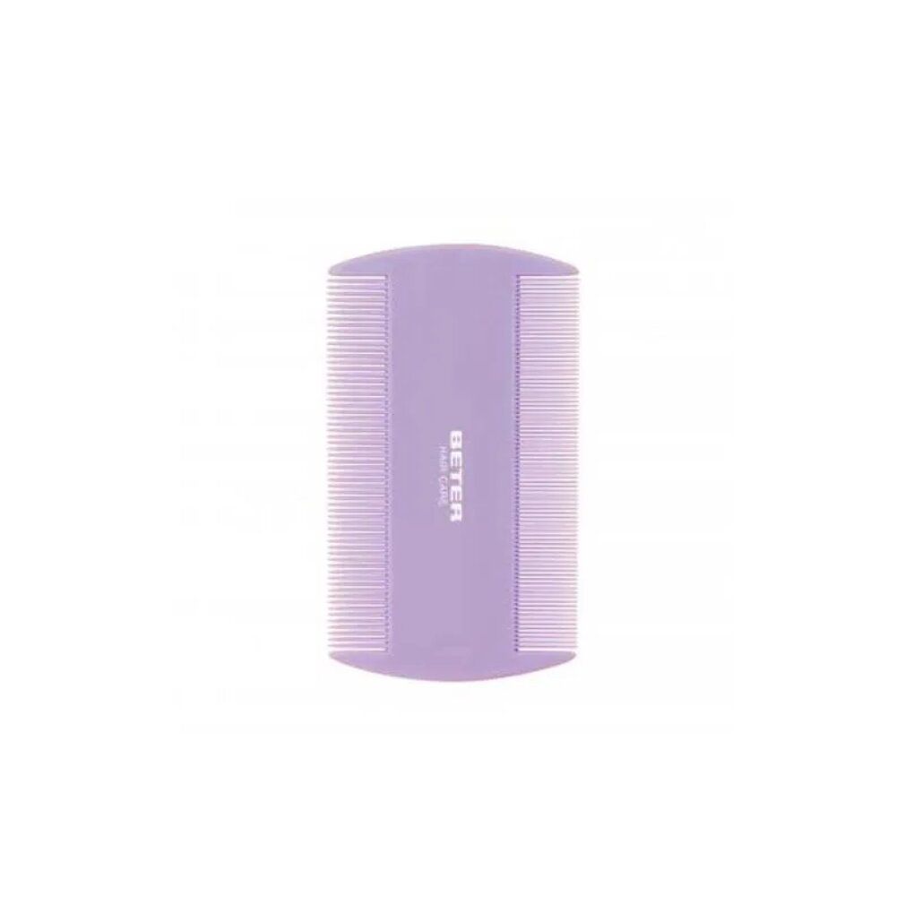 Peigne violet à dents fines. Inscription BETER. Pour les cheveux.