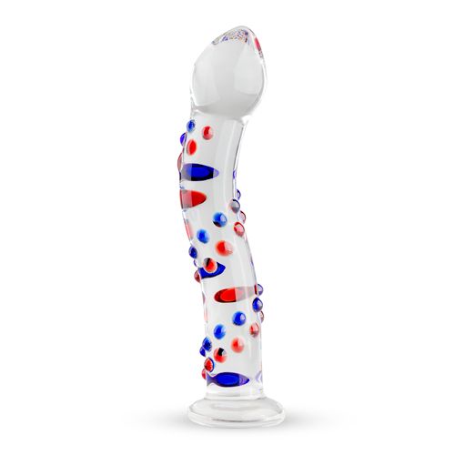 Dildo en verre avec accents colorés. Verre transparent, forme bombée, points et rayures colorés. Base et pointe arrondies.