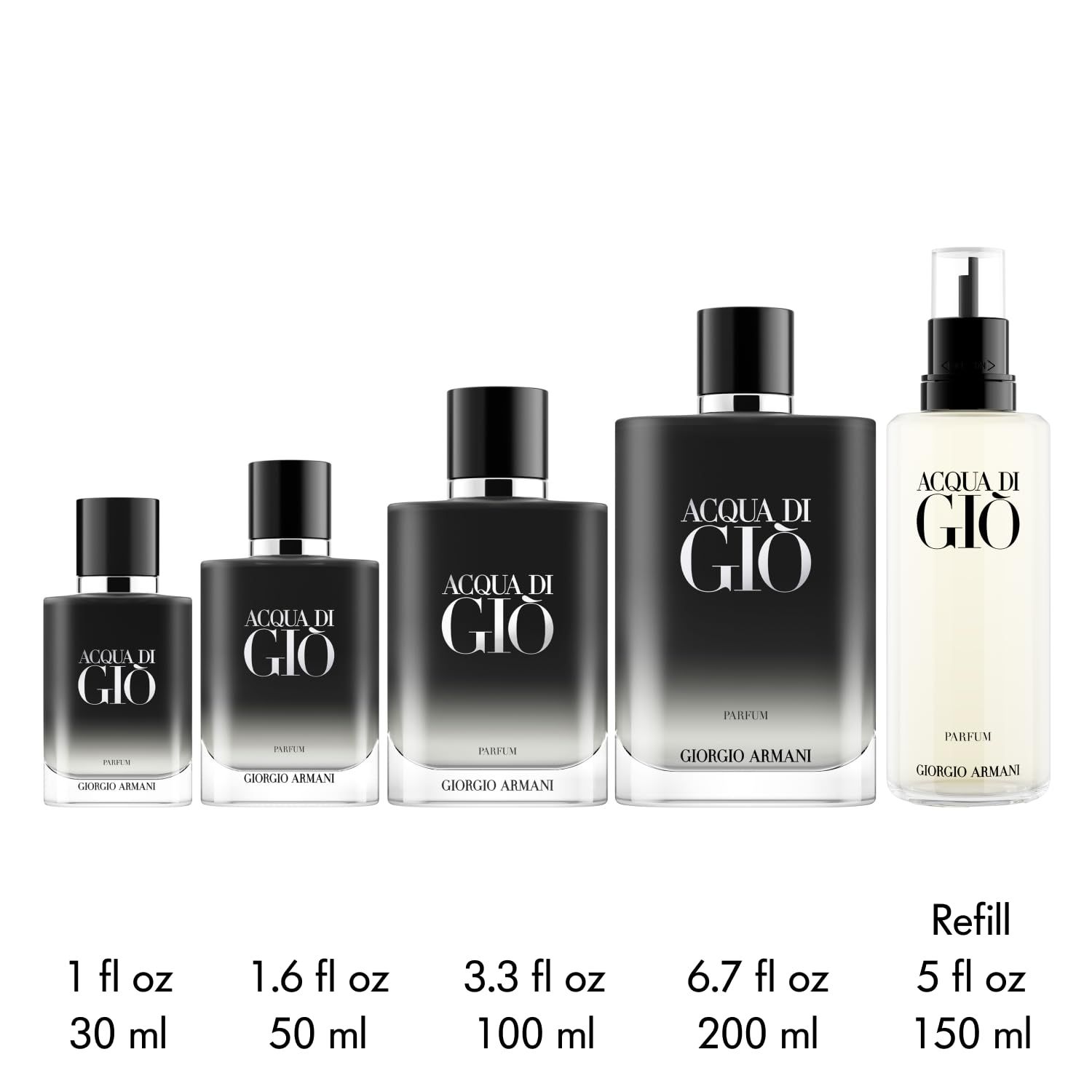 Différents flacons Acqua di Giò. Tailles : 30ml, 50ml, 100ml, 200ml, recharge 150ml. Texte : Acqua di Giò, Giorgio Armani.