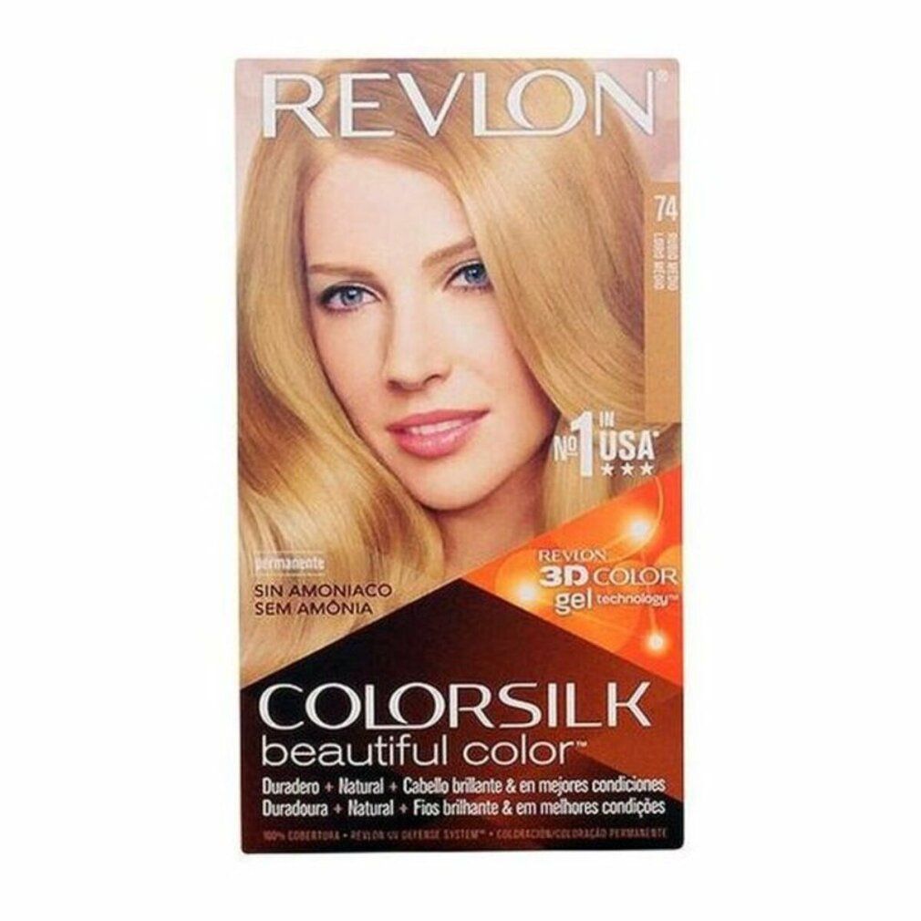 Boîte de coloration Revlon Colorsilk 74 Blond Moyen. Femme blonde sur l'emballage. Sans ammoniaque, technologie 3D Color Gel.