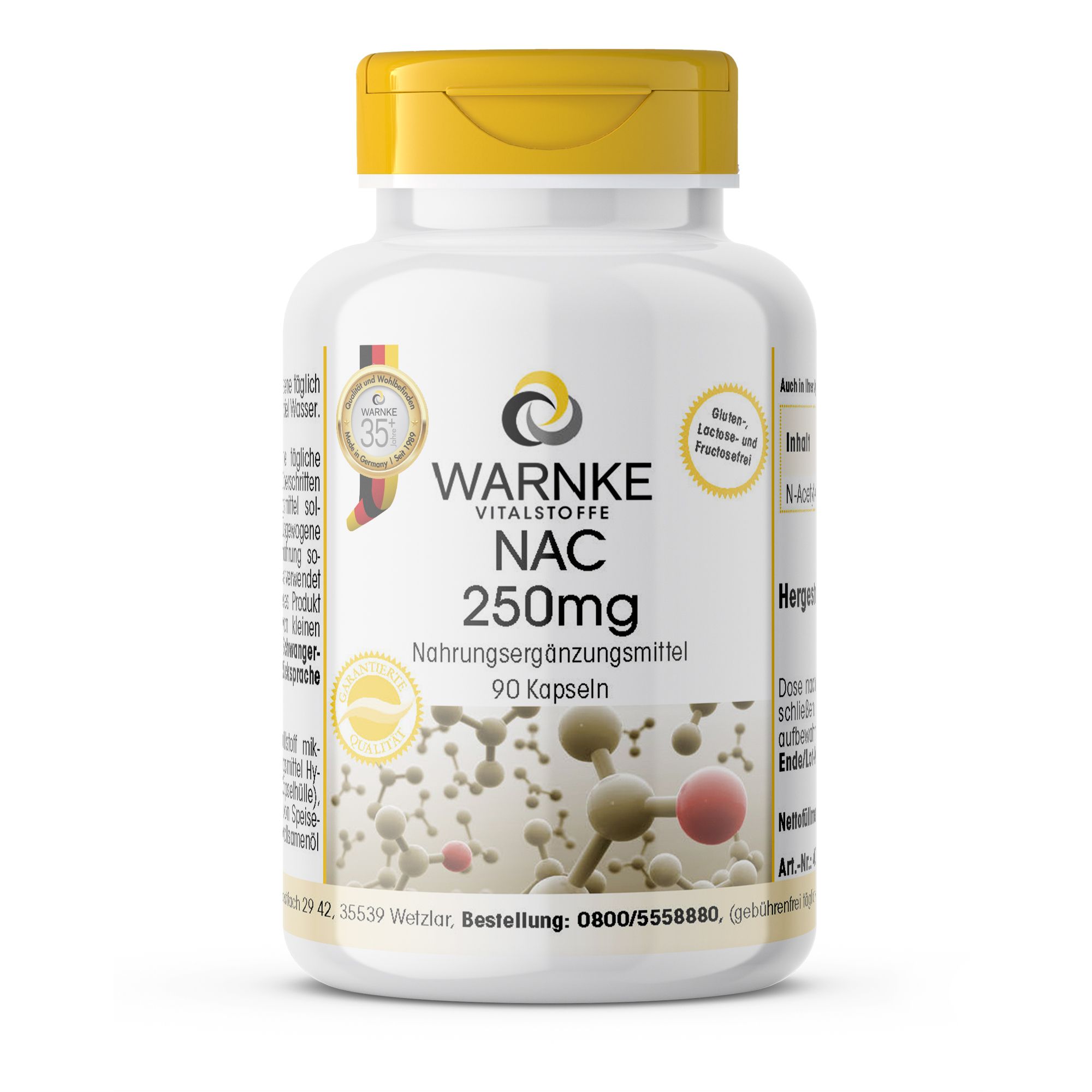 Witte fles met gele dop. Opschrift: Warnke Vitalstoffe NAC 250mg, voedingssupplement, 90 capsules. Met certificeringen.