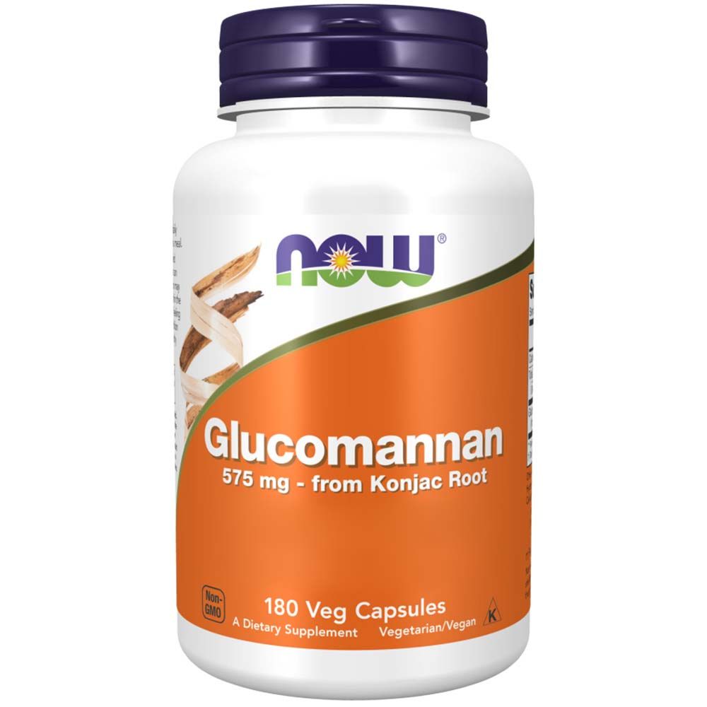 Flacon blanc avec bouchon bleu. Étiquette orange avec logo "Now" et "Glucomannan 575 mg". 180 gélules végétales.
