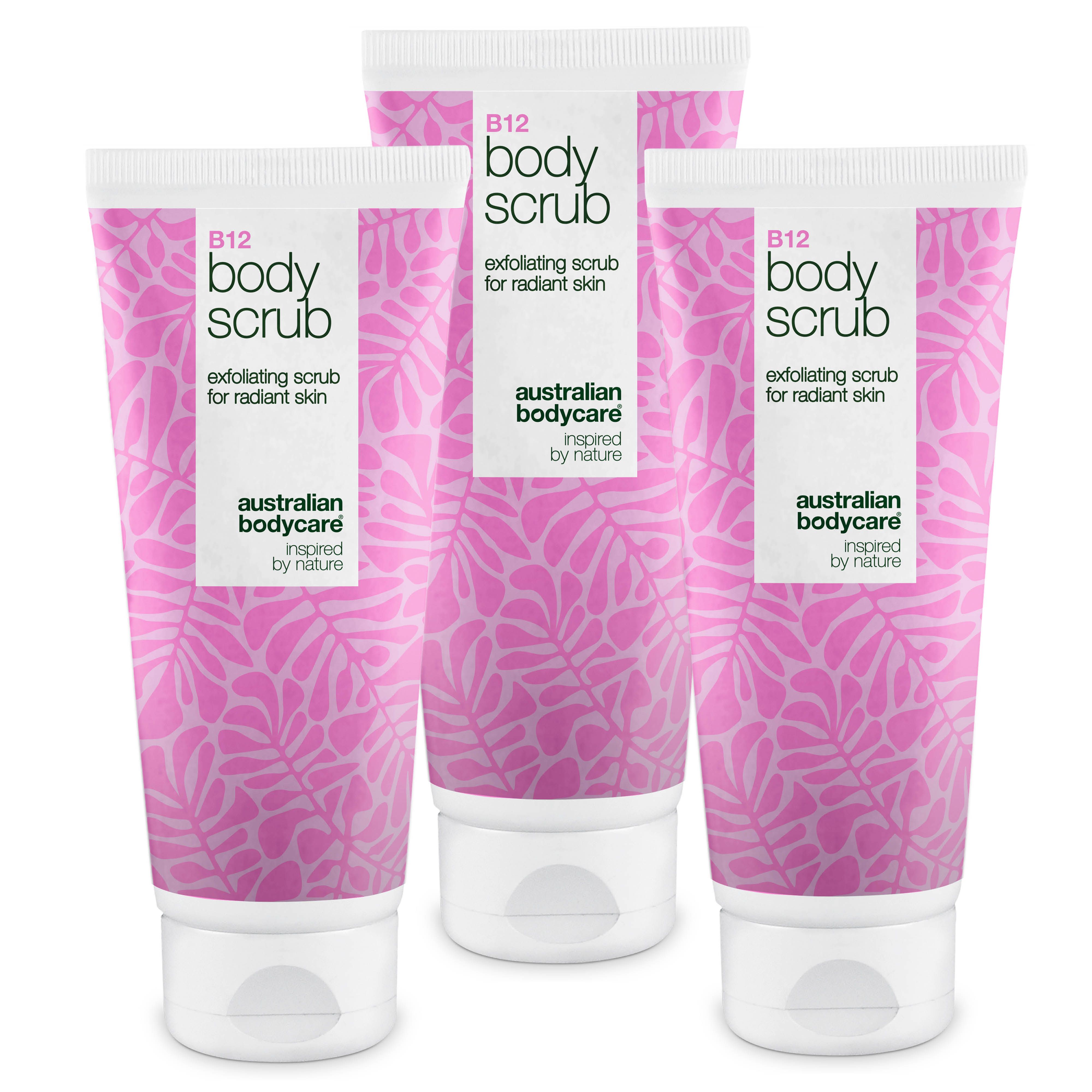 Trois tubes de gommage corporel avec motif de feuilles roses. Inscription : B12 Body Scrub, Australian Bodycare.