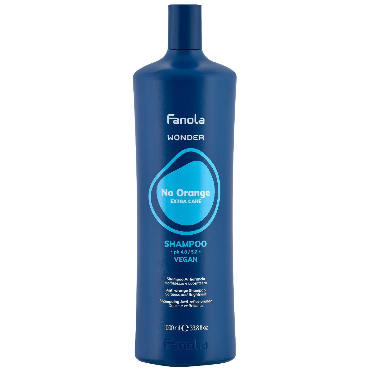 Donkerblauwe shampoofles. "No Orange Extra Care". 1000 ml.