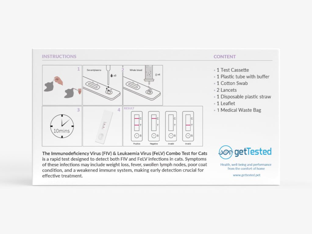 Boîte GetTested FIV & FeLV Kombitest. Contient cassette de test, tube, coton-tige, lancettes, paille, notice et sac poubelle.